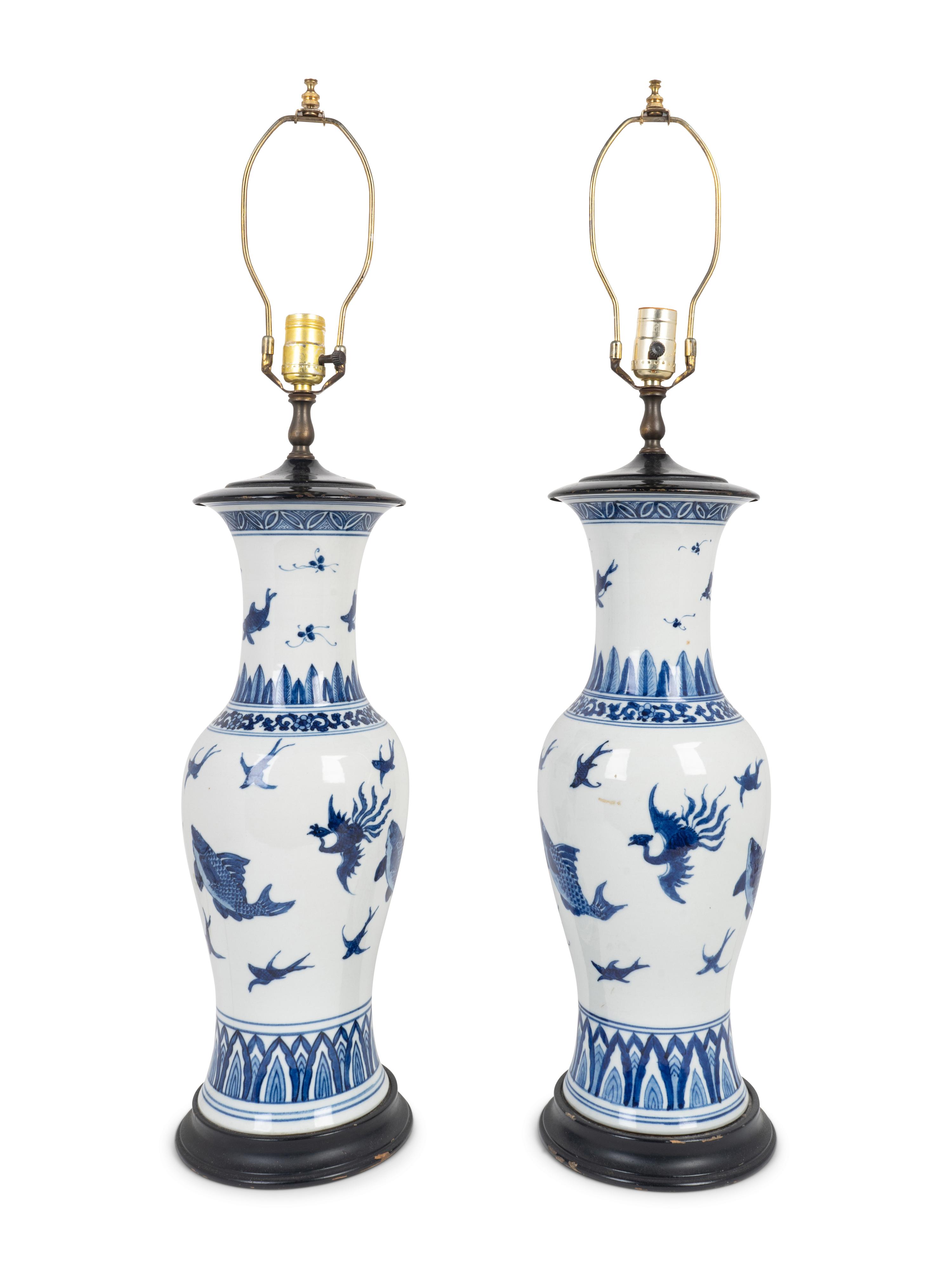 A Pair of Chinese Blue and White Porcelain Baluster-Form Vases Mounted as Lamps — 20TH CENTURY