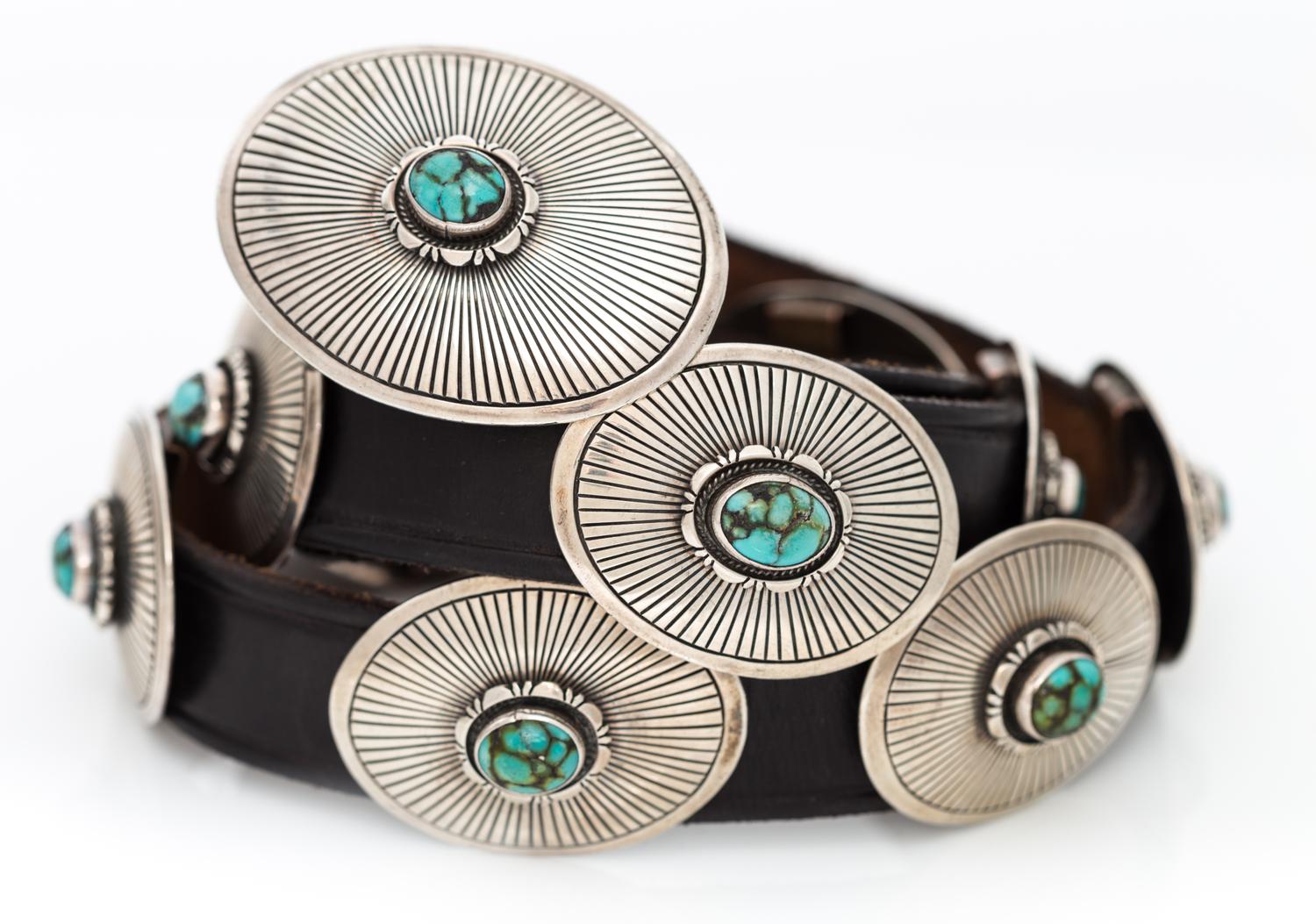 A Sterling Silver, Copper and Turquoise Concho Belt, Randy Shorty, 199.80 dwts (including belt)