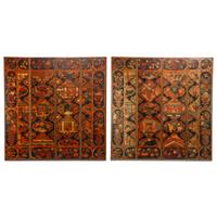 A Pair of Painted Leather Four-Panel Screens