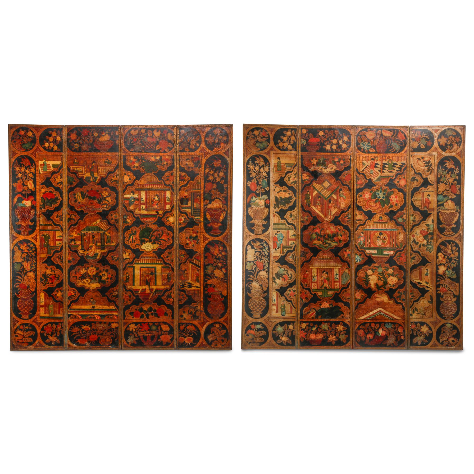 A Pair of Painted Leather Four-Panel Screens