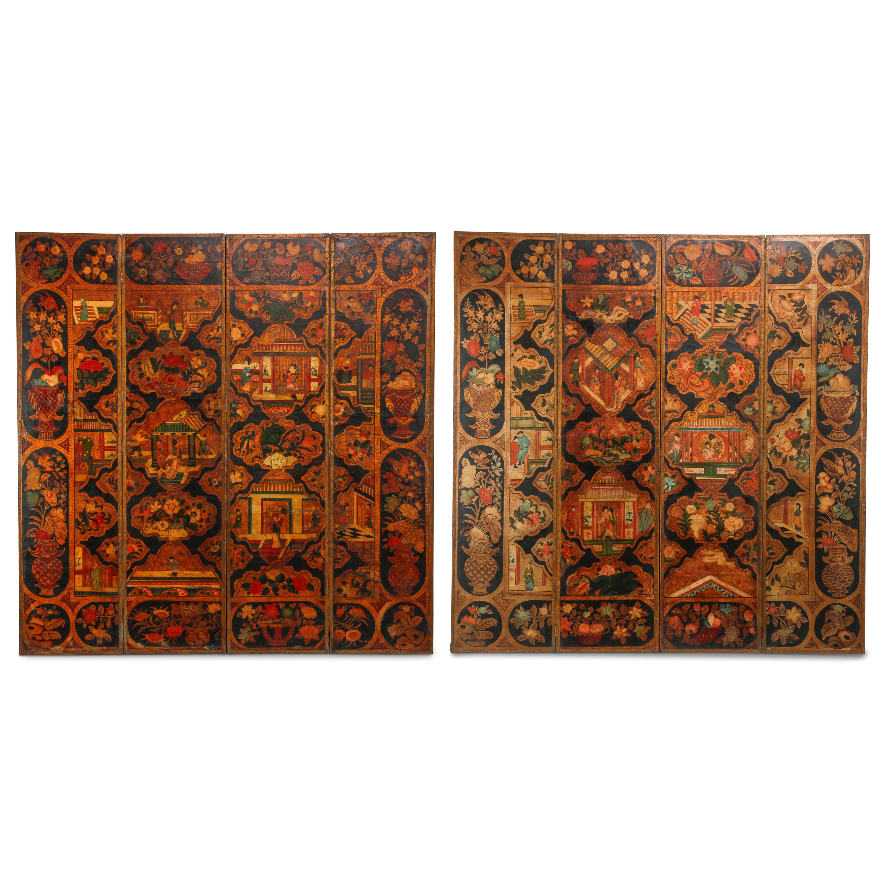 A Pair of Painted Leather Four-Panel Screens