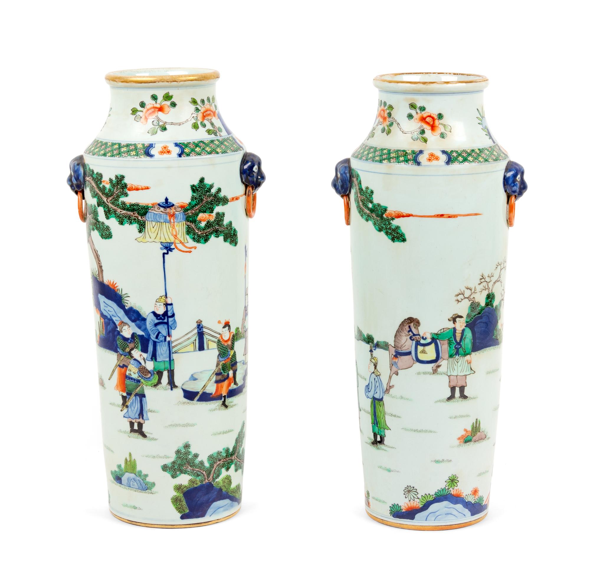 A Pair of Chinese Wucai Porcelain Vases Height 17 1/8 inches. — 20TH CENTURY