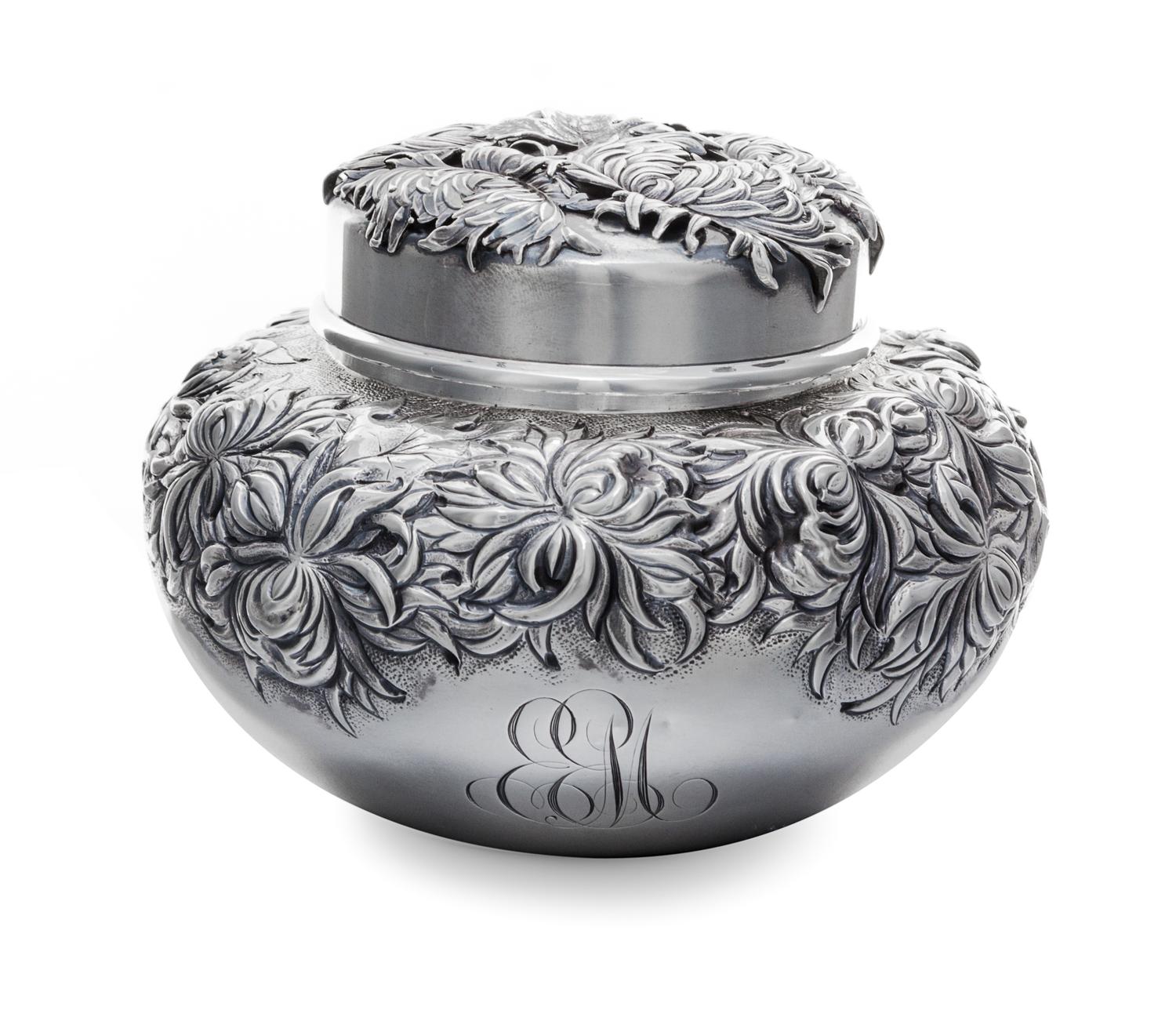 An American Silver Covered Jar, George W. Schiebler & Co., New York, New York, Circa 1900, worked to show clusters of crysanthemum and