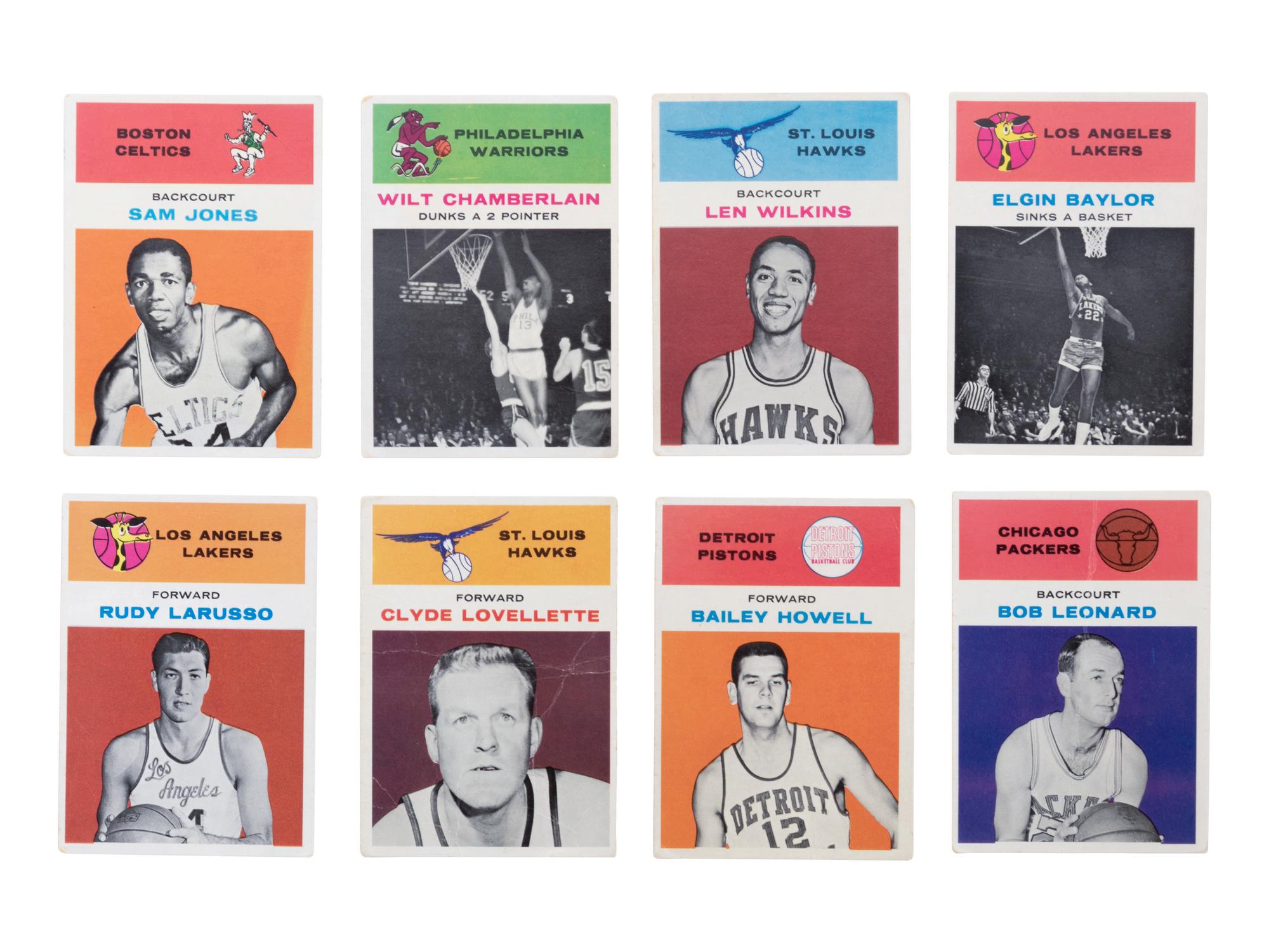A Group of Eight 1961 Fleer Basketball Cards including Wilt Chamberlain,