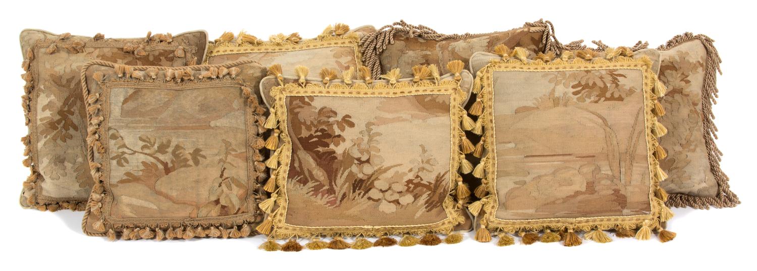 A Collection of Six Aubusson Tapestry Pillows Largest dimensions 18 1/2 x 18 1/2 inches. — 19TH CENTURY
