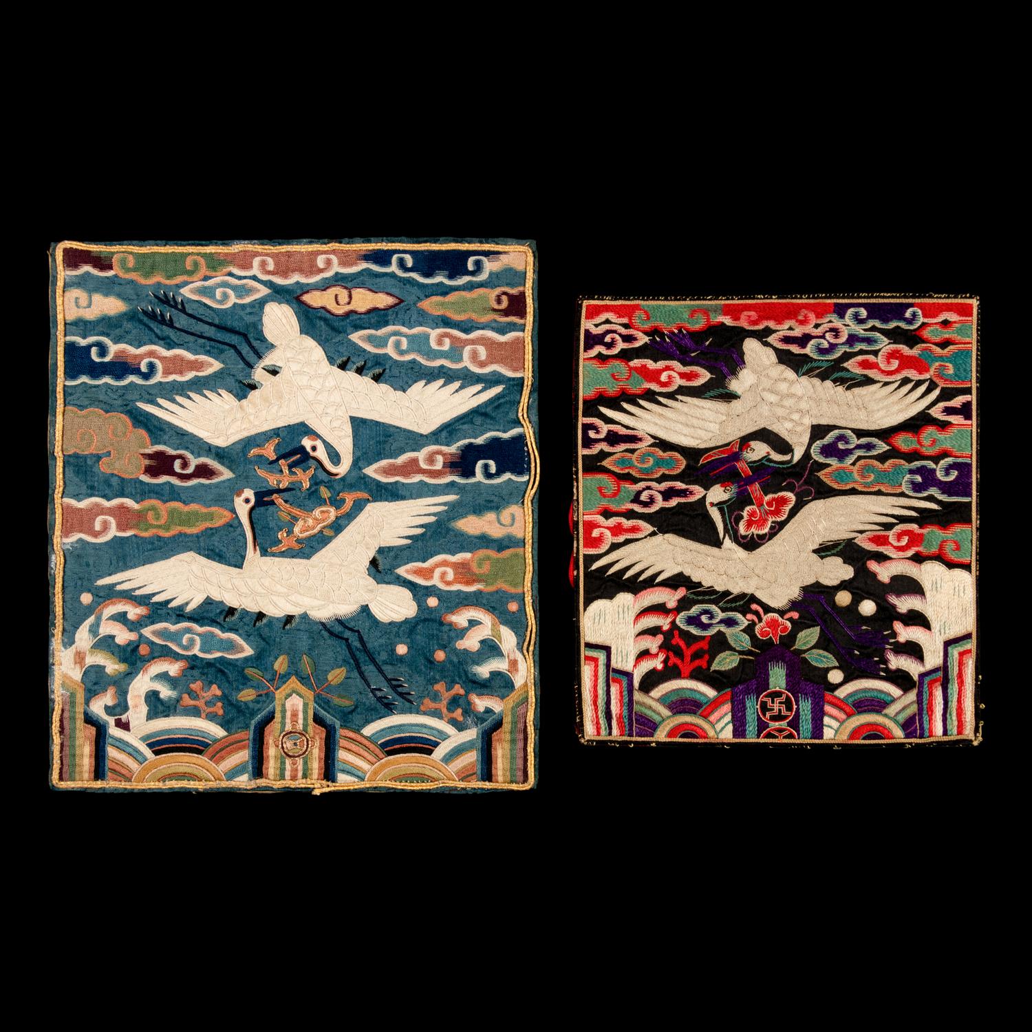 Two Korean Embroidered Silk 'Crane' Rank Badges, Hyungbae, Joseon Dynasty, Late 19th Century 李氏朝鮮 白鶴文官補子兩幅