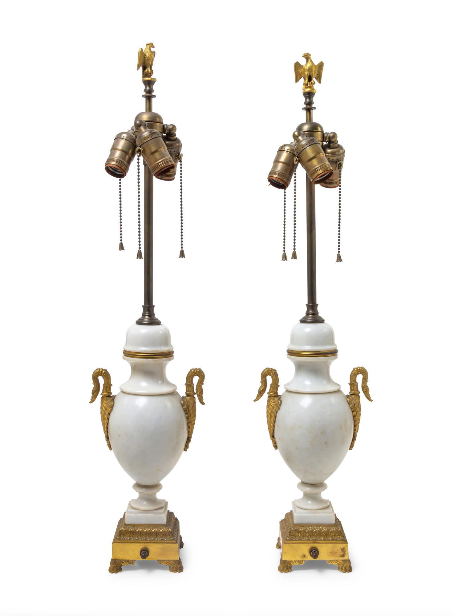 A Pair of Empire Style Gilt Bronze Mounted Urns