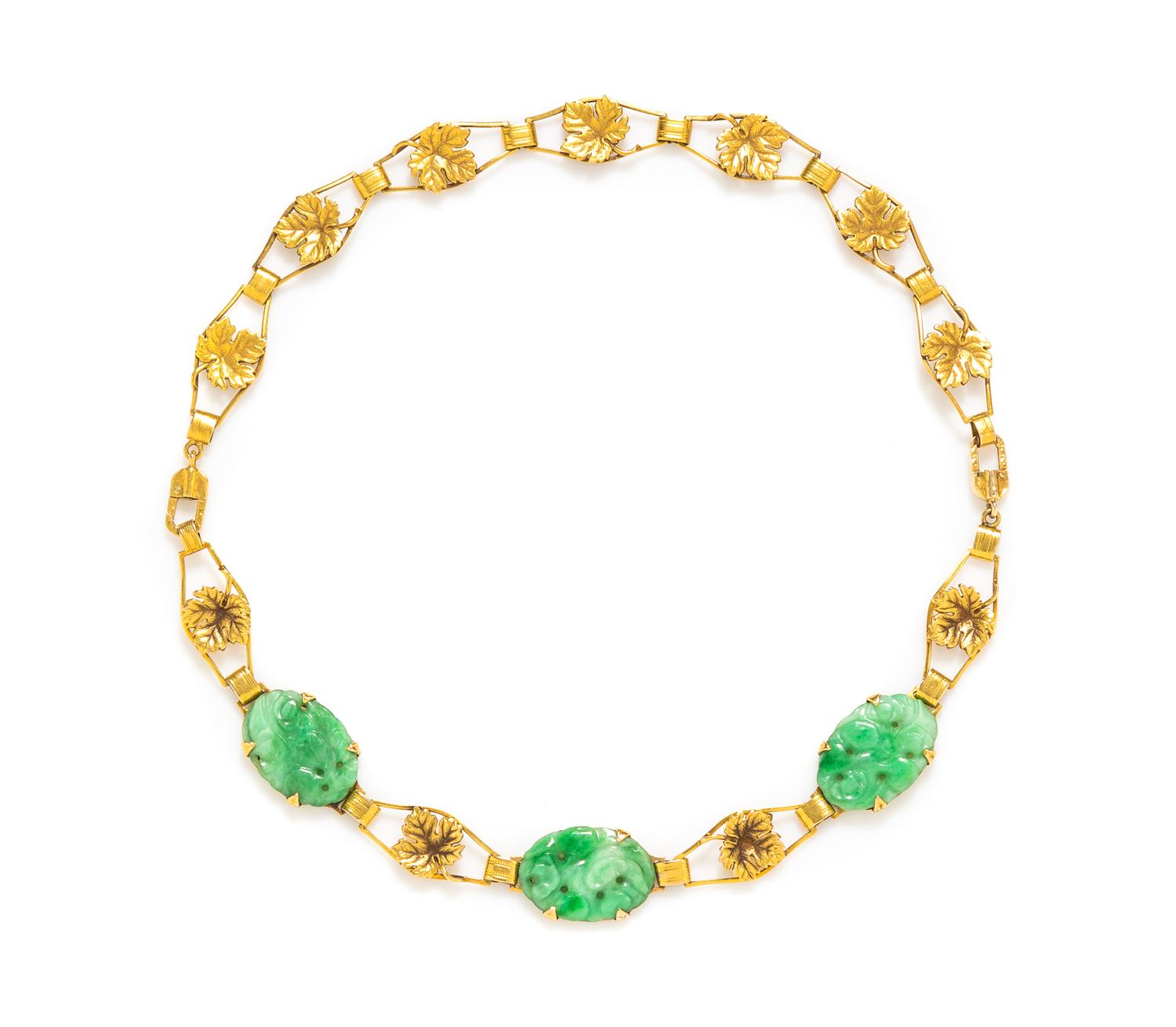 A Collection of 14 Karat Yellow Gold and Jade Link Jewelry, 11.60 dwts.