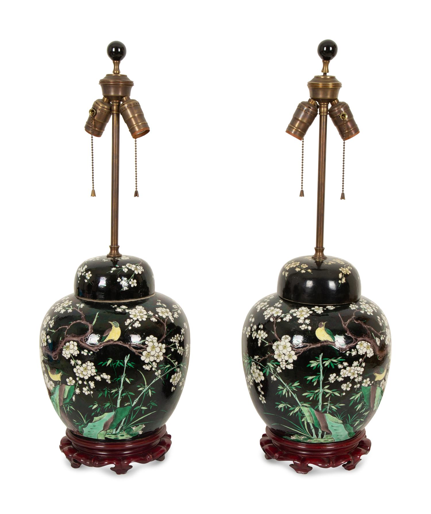 A Pair of Chinese Famille Noir Porcelain Covered Jars Now Mounted as Lamps