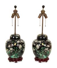 A Pair of Chinese Famille Noir Porcelain Covered Jars Now Mounted as Lamps