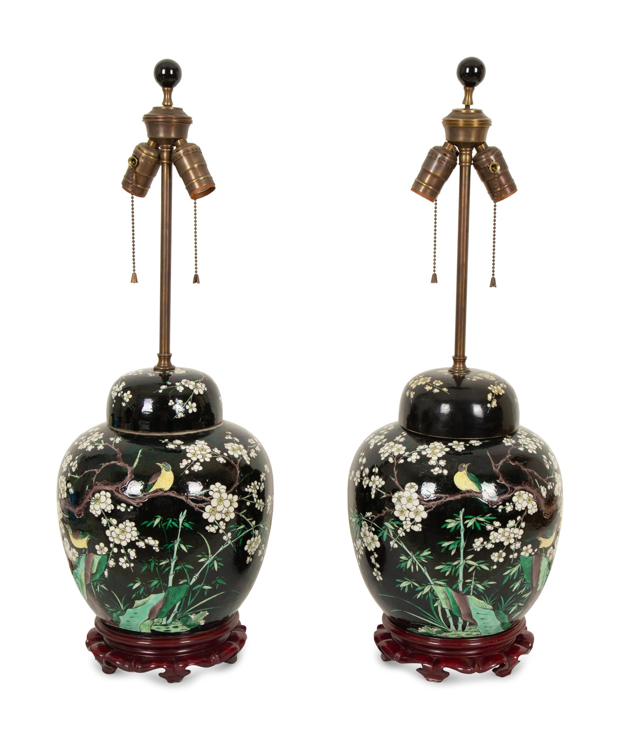 A Pair of Chinese Famille Noir Porcelain Covered Jars Now Mounted as Lamps