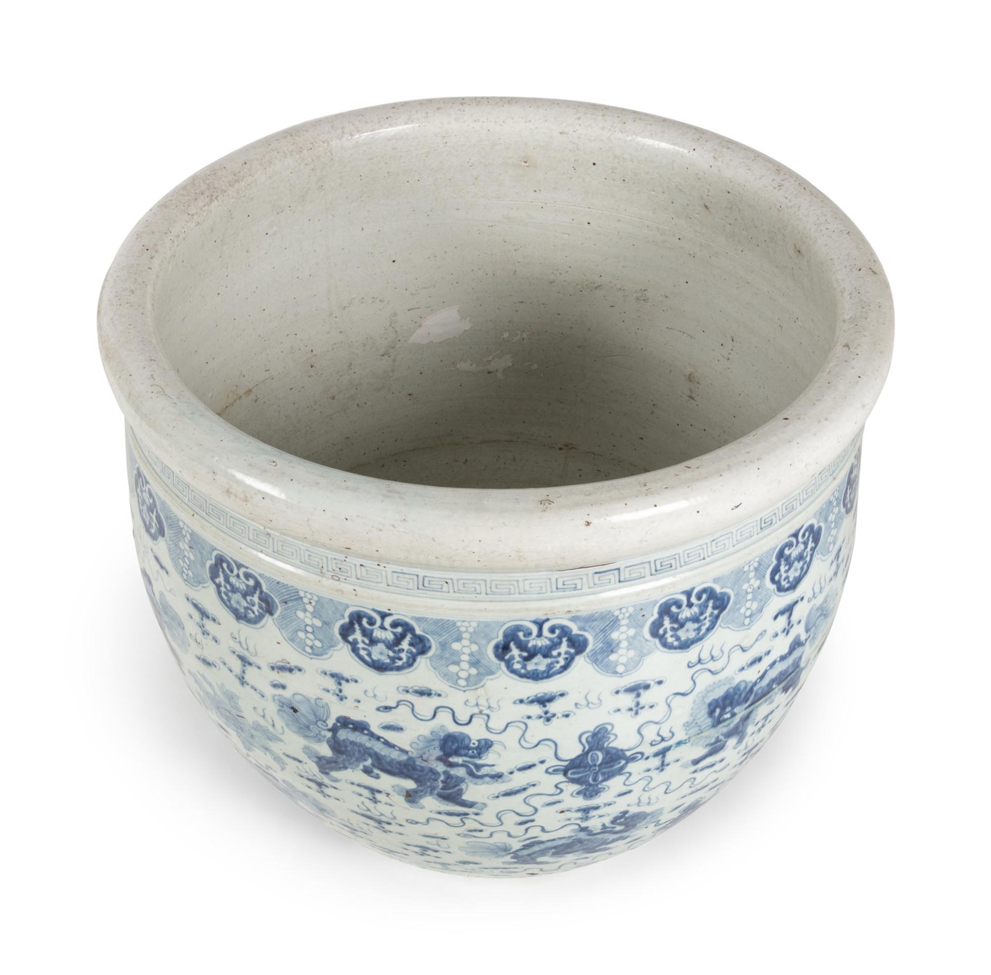 A Large Blue and White 'Fu Lion' Porcelain Fish Bowl