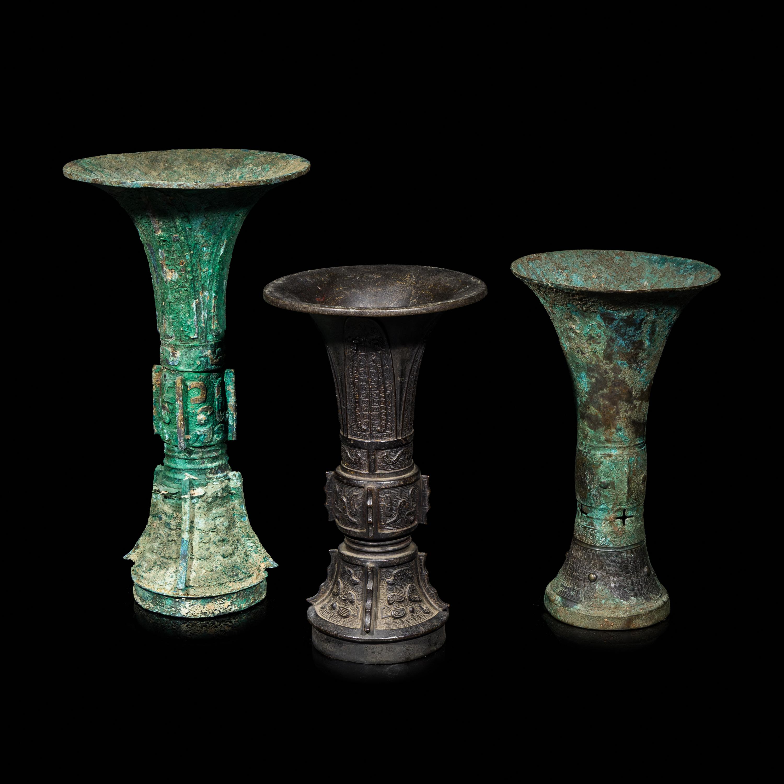 Three Chinese Archaistic Bronze Gu Vases — 青銅觚三件