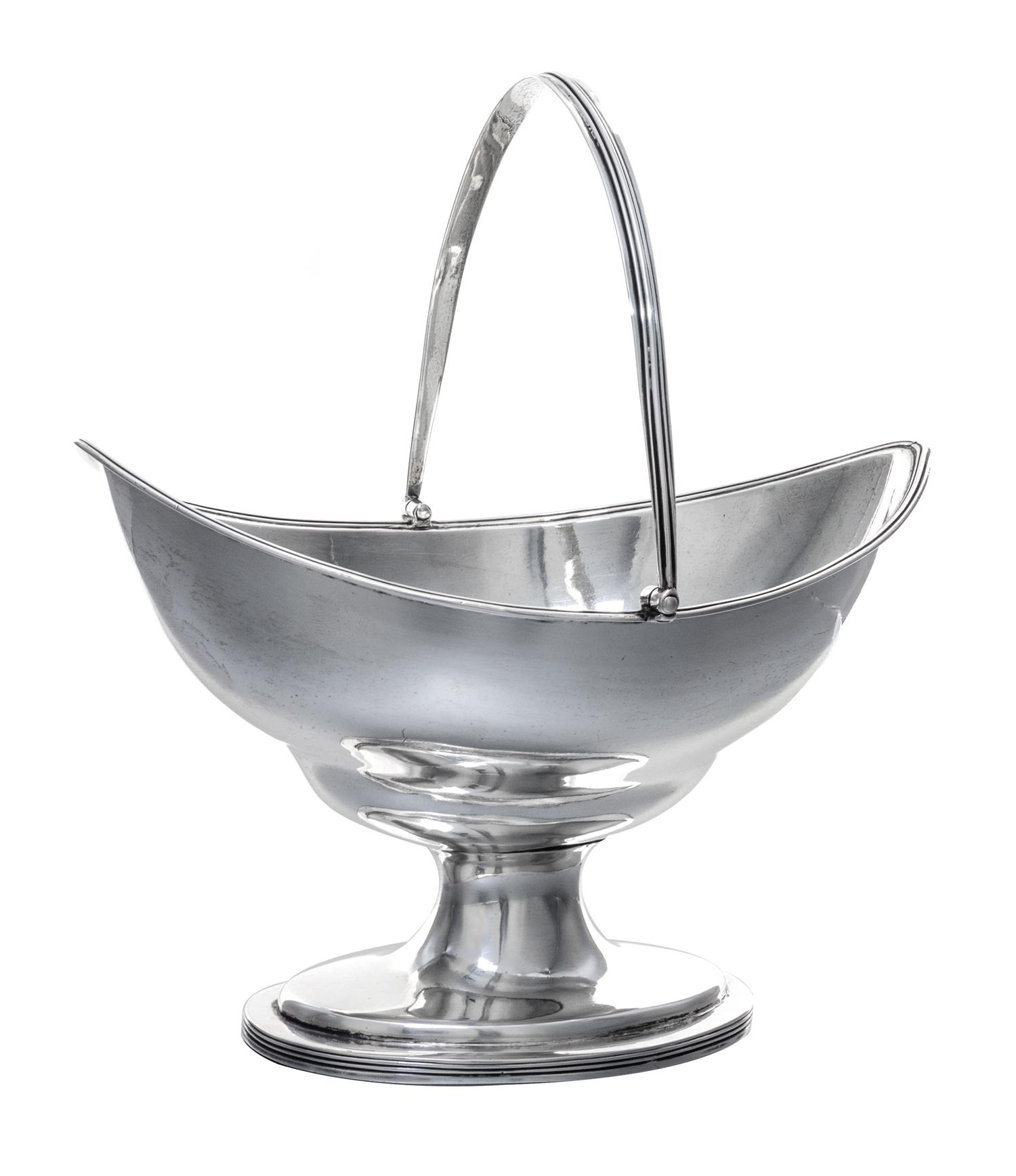 A George III Silver Sugar Basket, Hester Bateman, London, 1790, of oblong form with a reeded edge and a swing handle, raised on a simil
