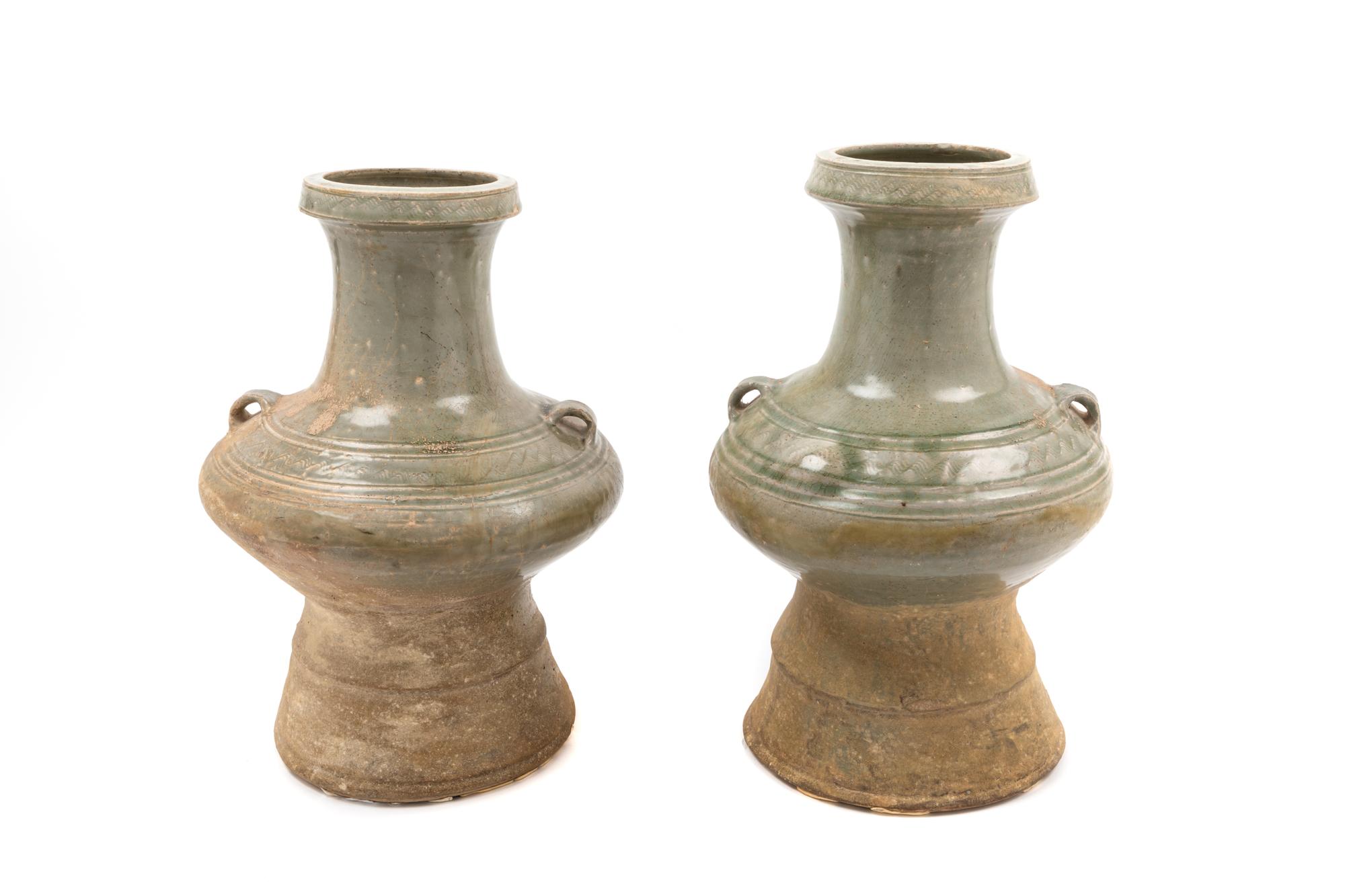 Two Chinese Celadon Glazed Pottery Jars Height 14 inches. — POSSIBLY HAN DYNASTY (206 B.C.E.-220 C.E.)