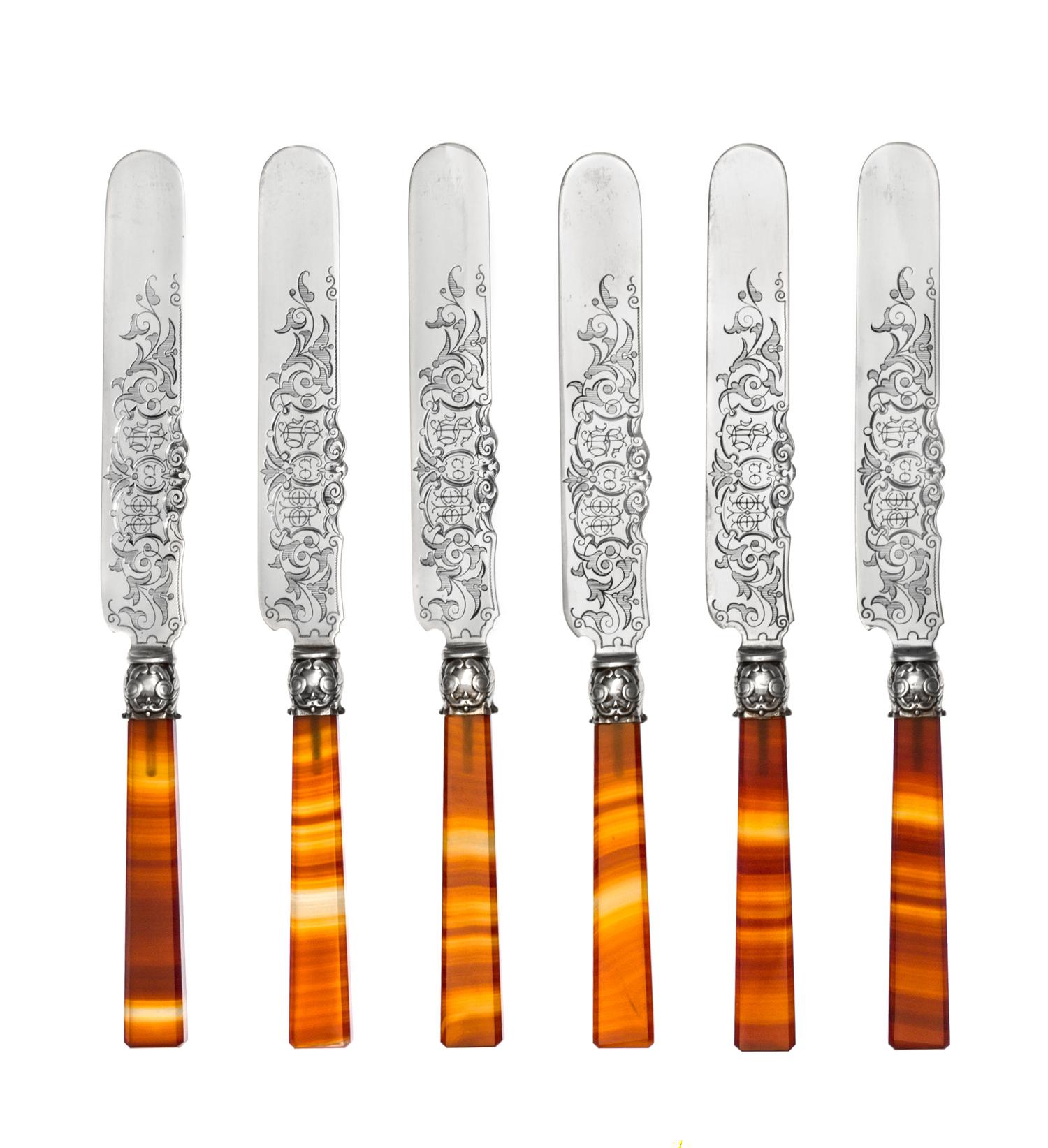 A Set of Twelve American Silver and Agate-Handled Knives, Starr & Marcus, New York, NY, Circa 1870, comprising twelve dessert knives of