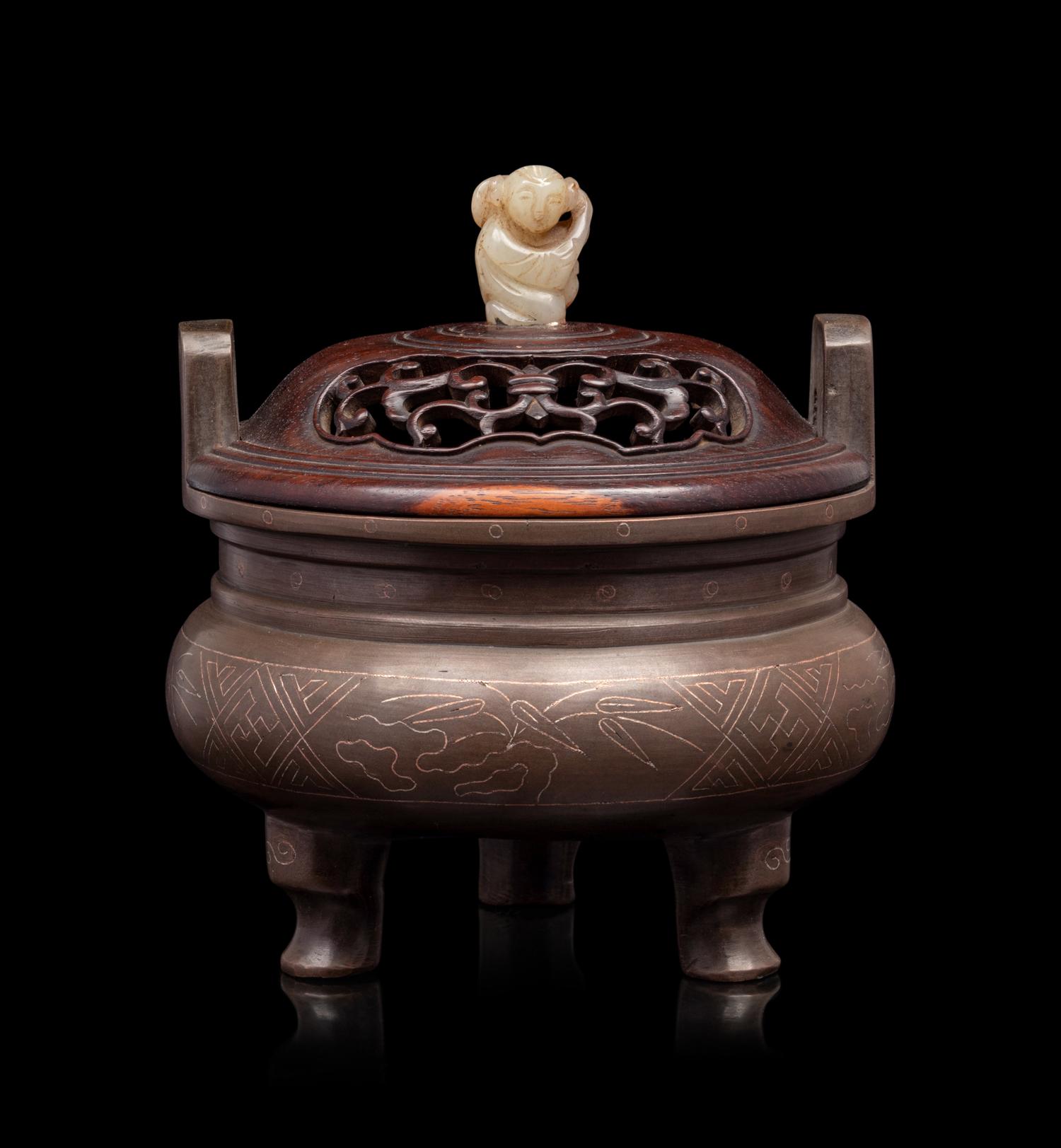 Two Chinese Silver Inlaid Bronze Tripod Incense Burners