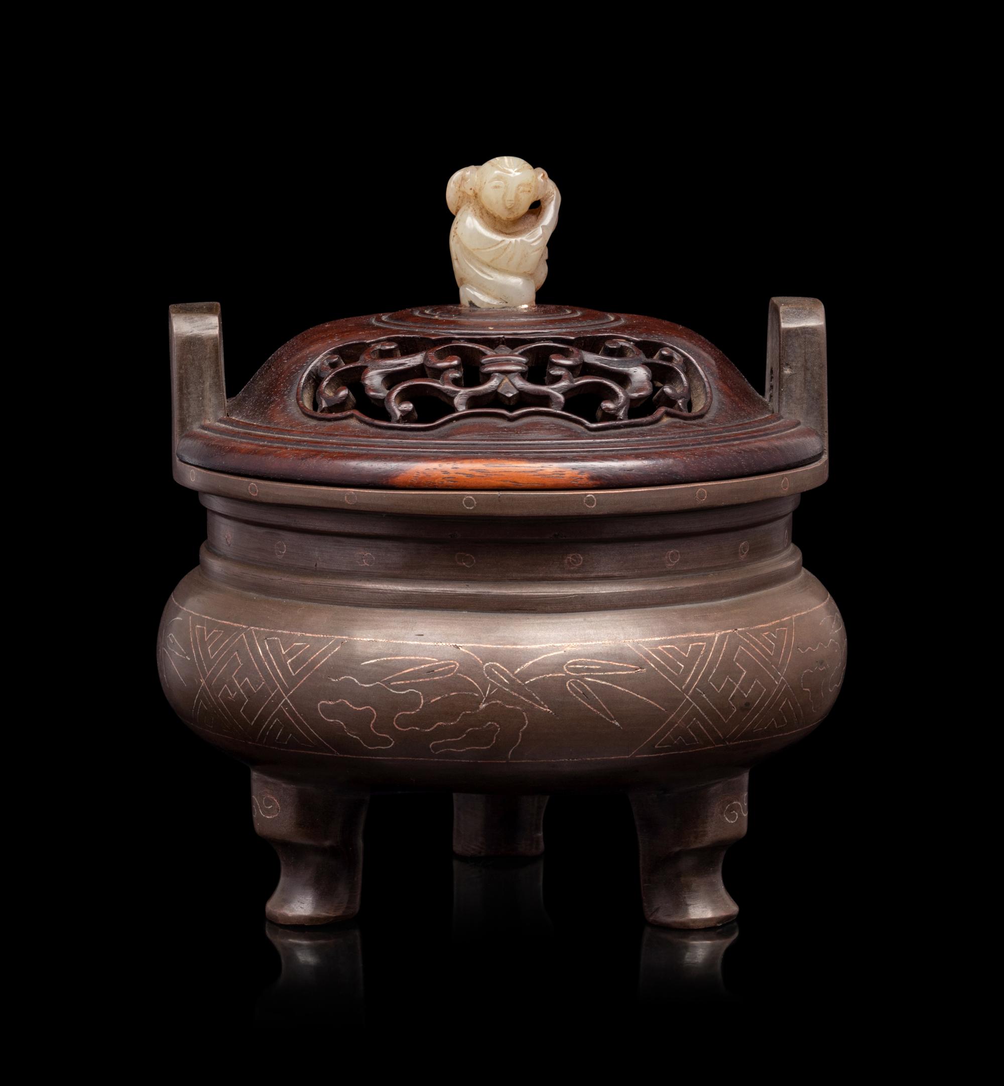 Two Chinese Silver Inlaid Bronze Tripod Incense Burners