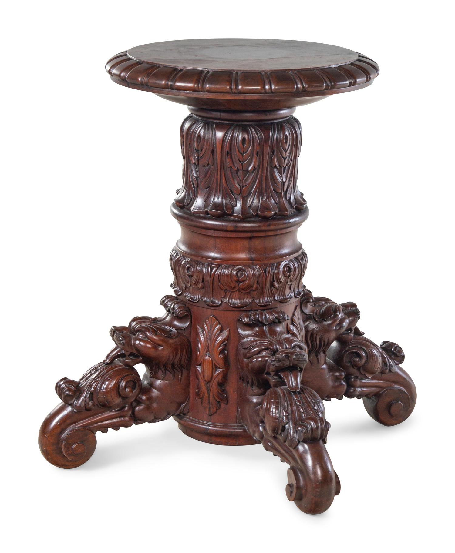 A Renaissance Revival Mask and Acanthus Carved Mahogany Pedestal Table