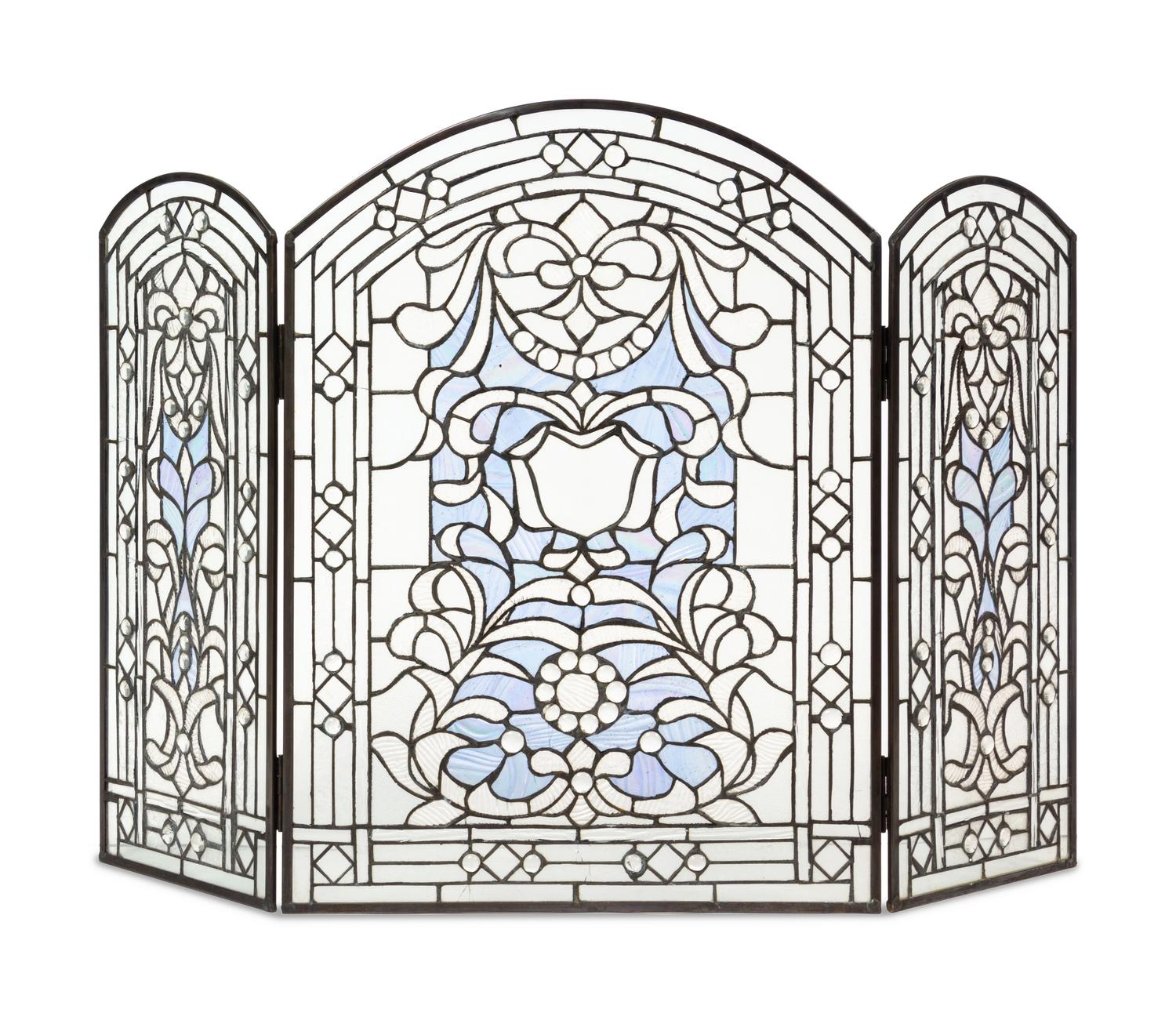 A Leaded and Jeweled Glass Fire Screen