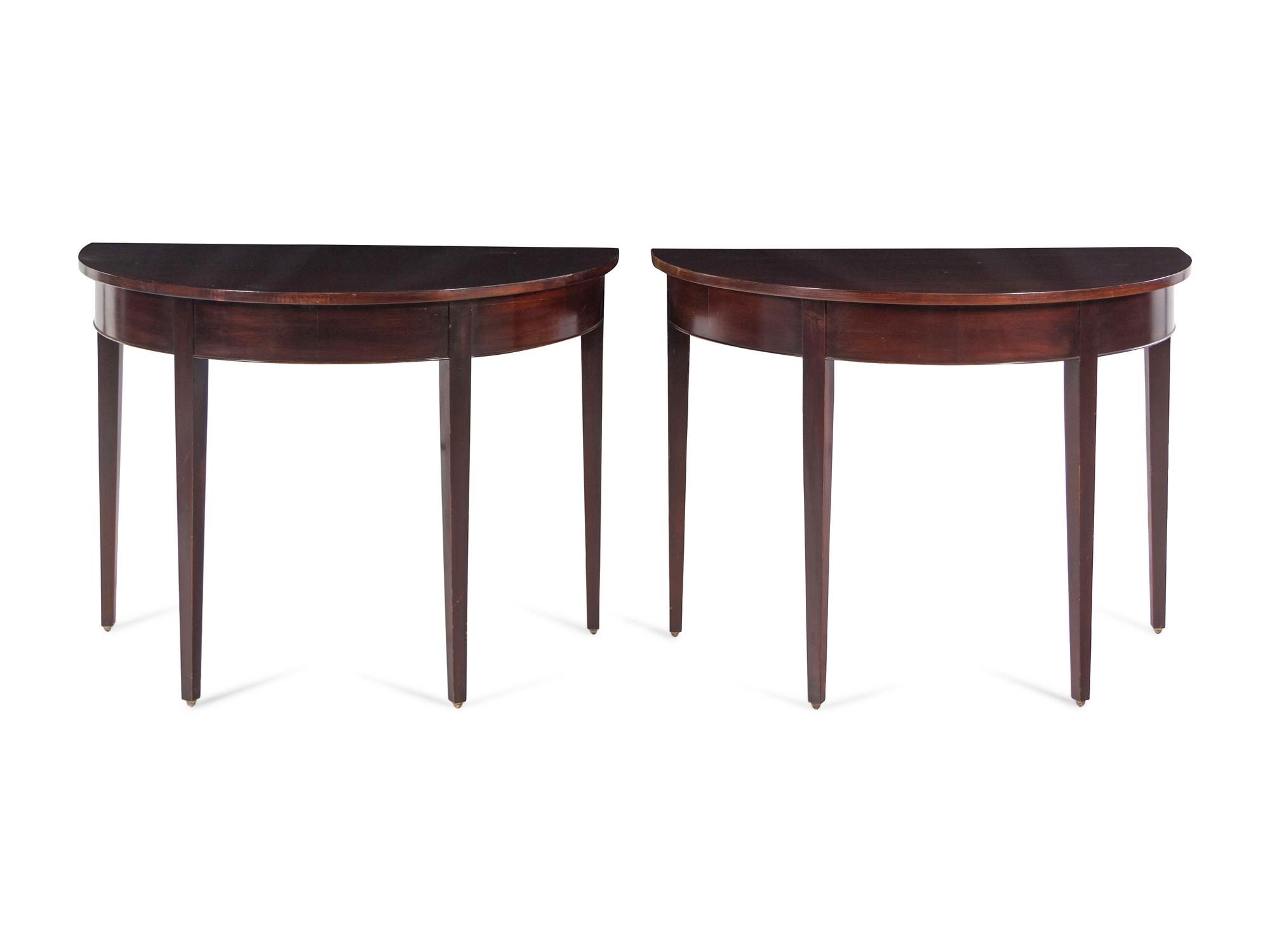 A Pair of George III Style Mahogany Demilune Tables