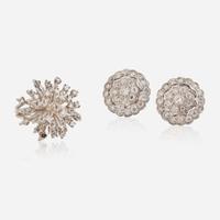 A Set of 14K White Gold and Diamond Earrings and Ring