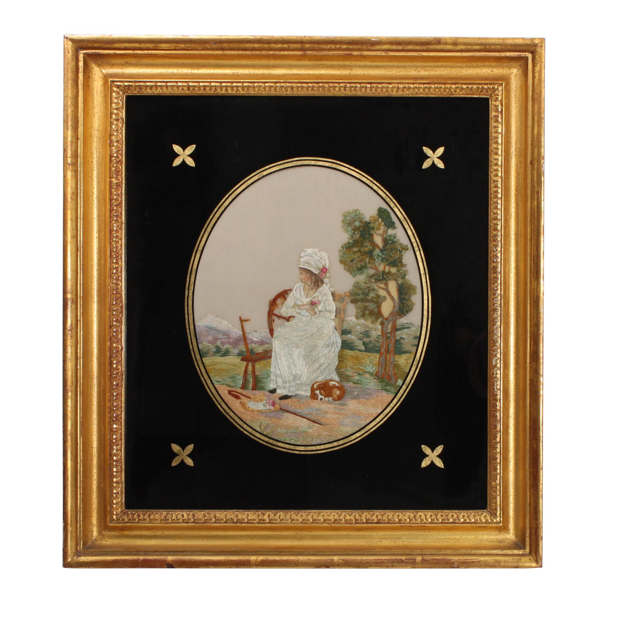 Four Victorian Embroideries Height 19 1/4 x width 17 inches (largest in frame)