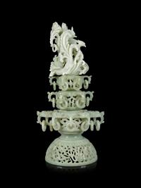 A Chinese Celadon Jade Model of a Pagoda