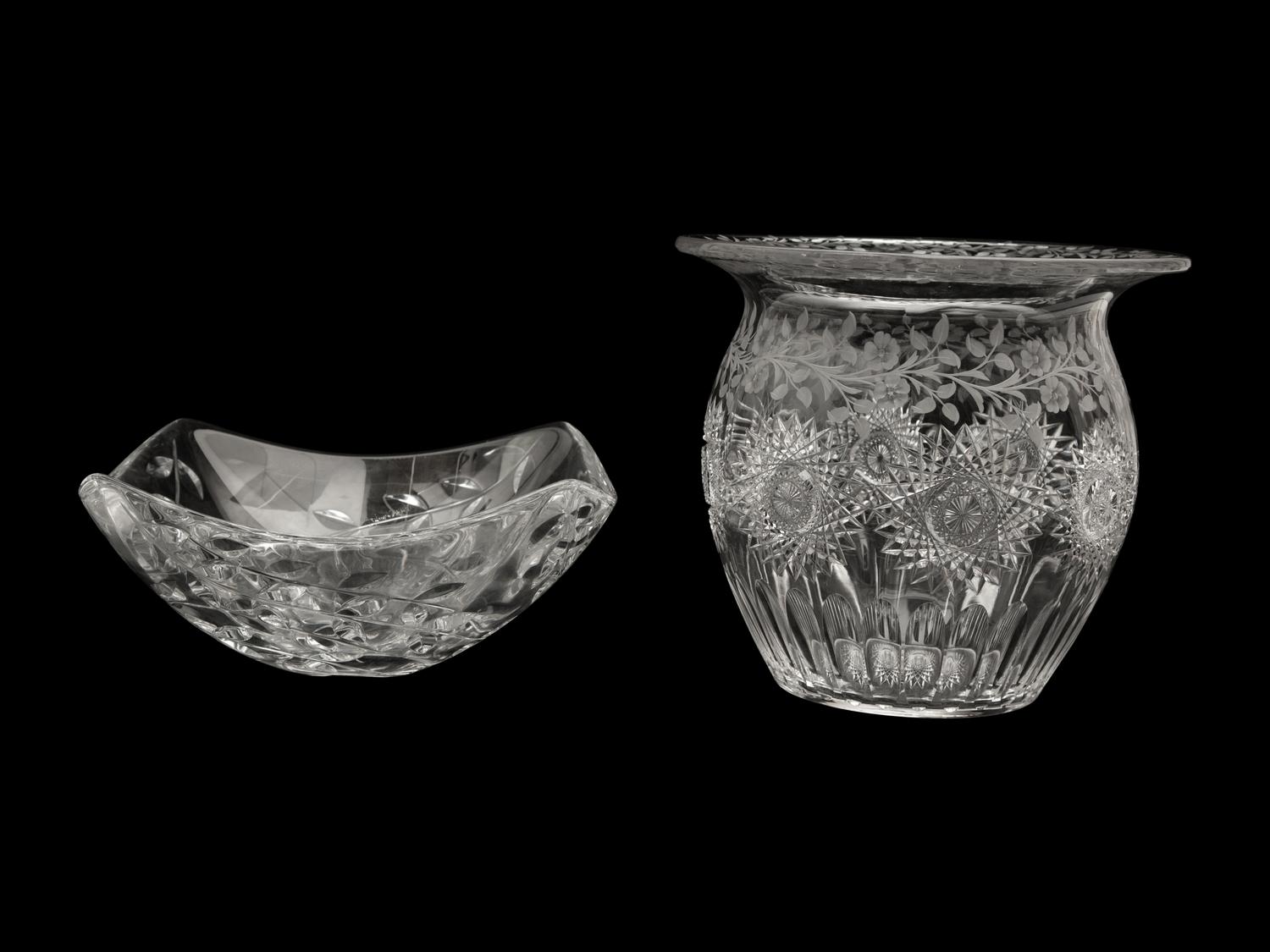 Two Large Cut and Etched Glass Bowls