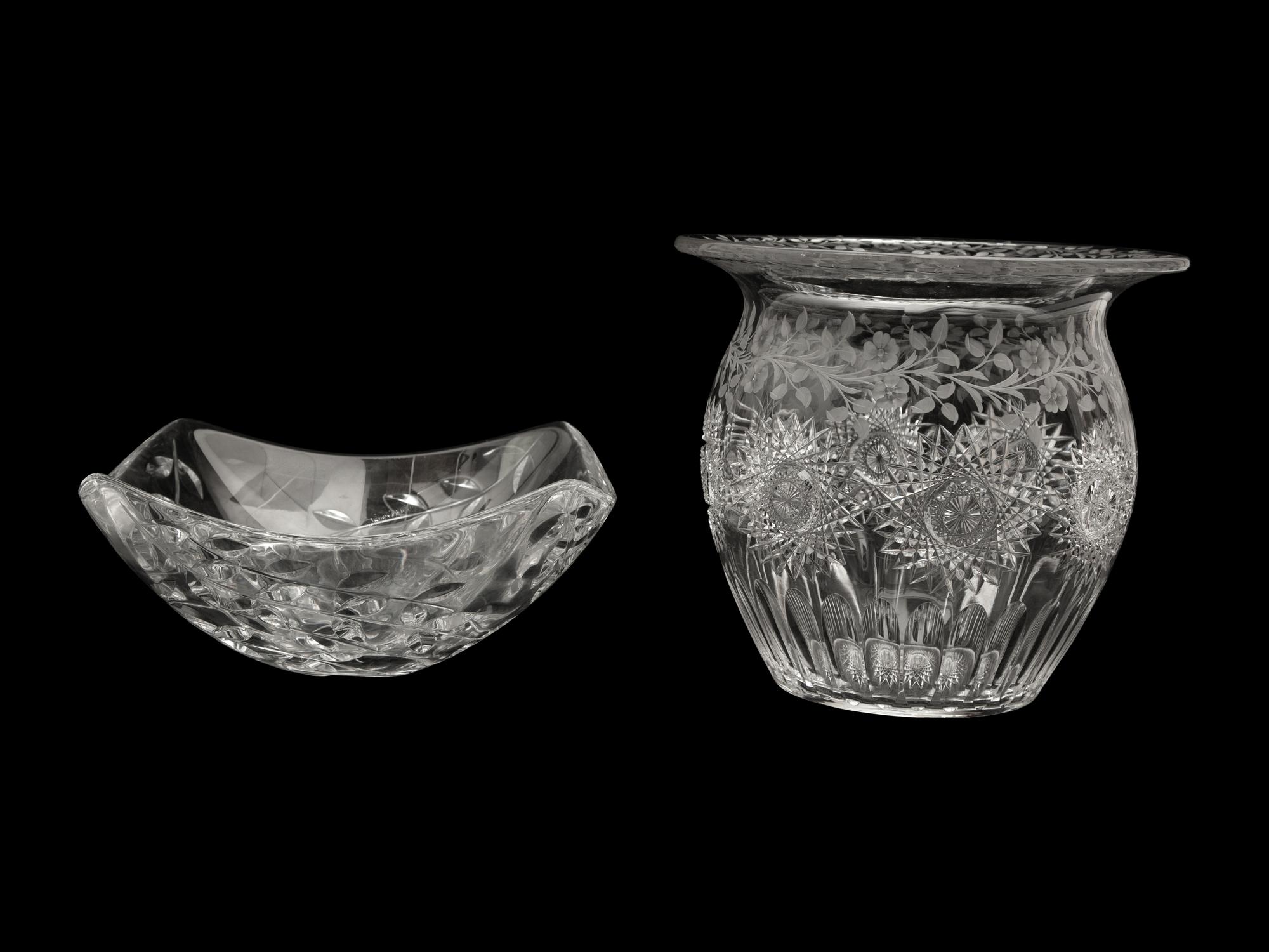 Two Large Cut and Etched Glass Bowls