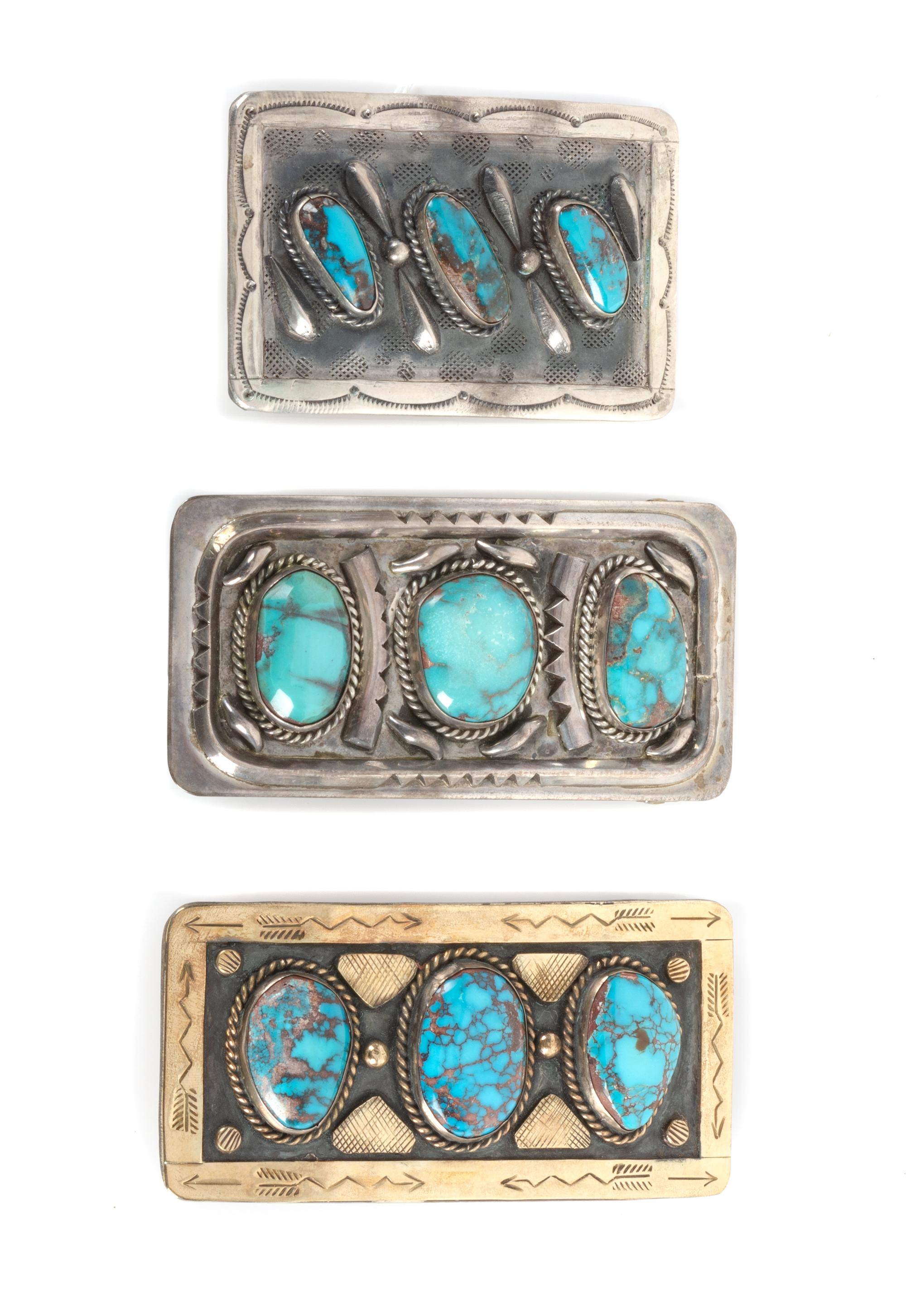 Three Southwestern Silver and Turquoise Buckles Height of largest 2 x width 4 inches
