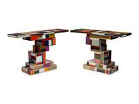 A Pair of Modernist Brass and Polychrome Glass Console Tables