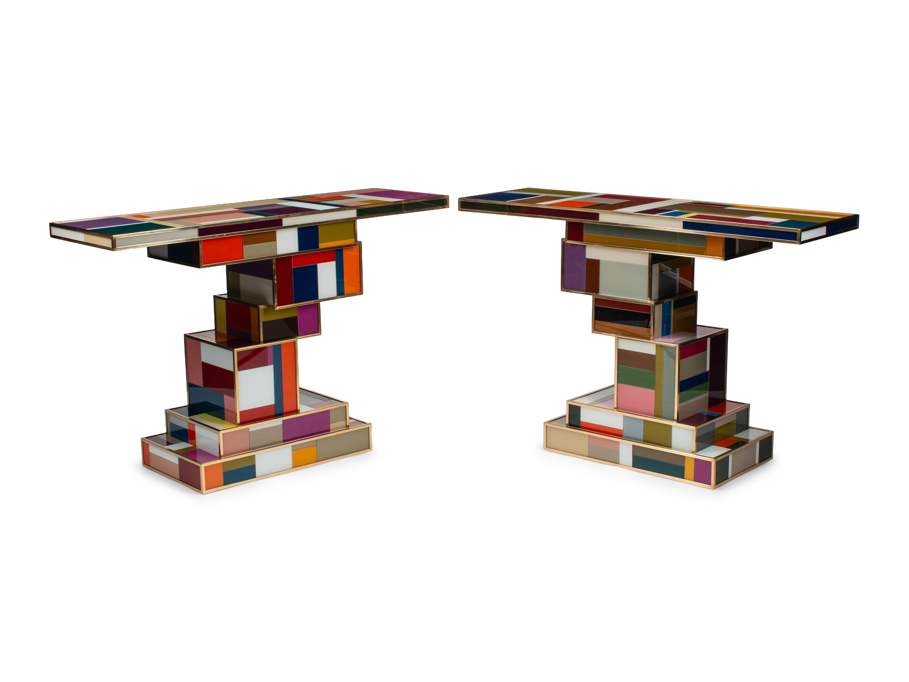 A Pair of Modernist Brass and Polychrome Glass Console Tables