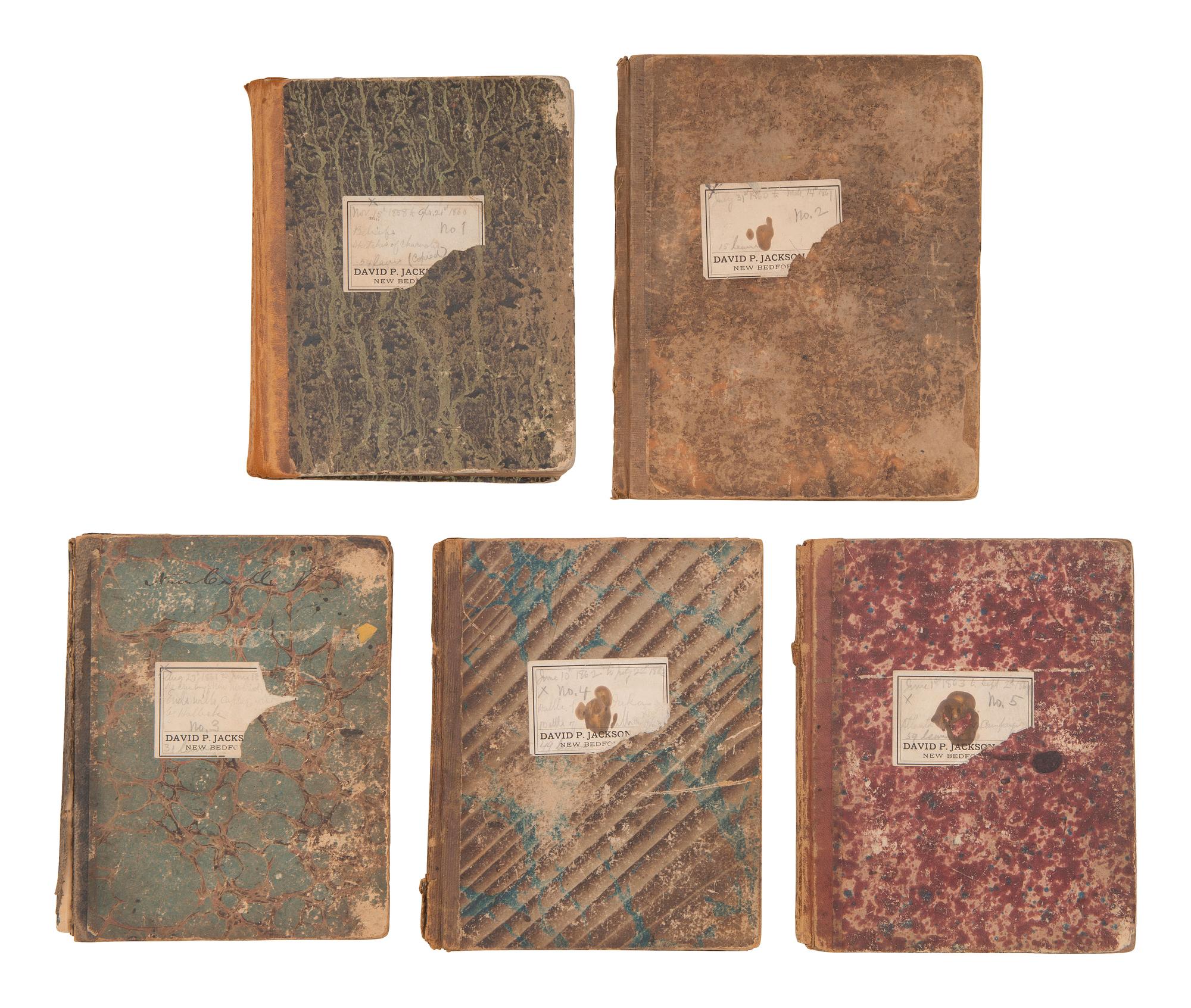 JACKSON, Col. Oscar L. (1840-1920). Five journals, incl. descriptions of Oscar L. Jackson's political activism during the 1860 campaign and his service with 63rd OVI, with campaign broadside noting Jackson as a speaker.