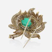 A Diamond, Cabochon Emerald, and 18K Yellow Gold Cartier Brooch