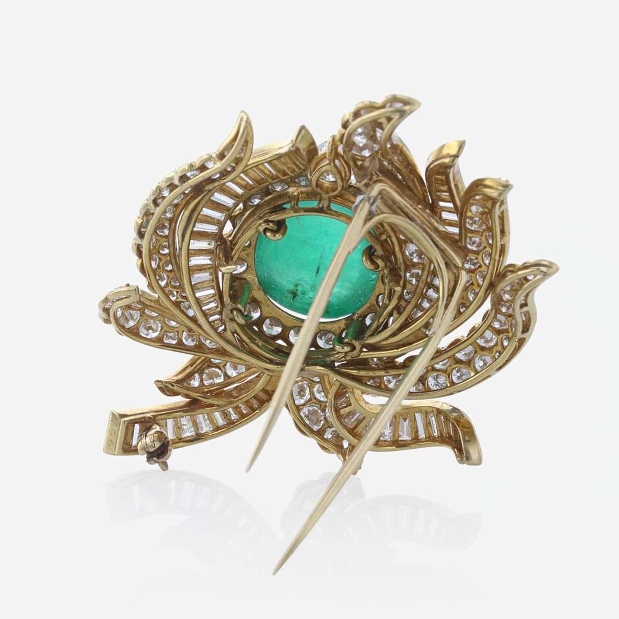 A Diamond, Cabochon Emerald, and 18K Yellow Gold Cartier Brooch