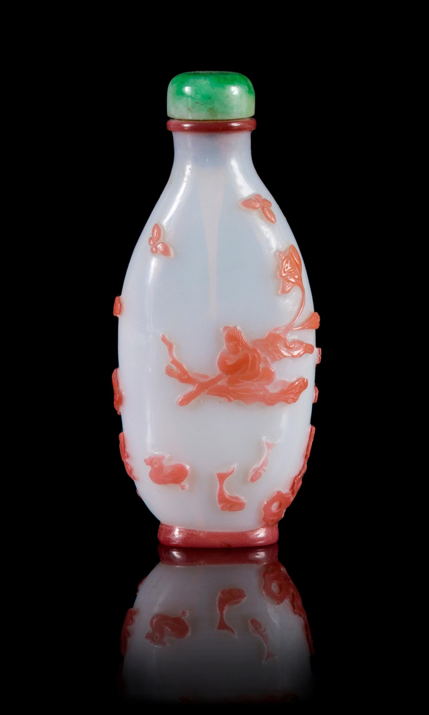 A Red Overlay White Peking Glass Snuff Bottle Height 3 inches.