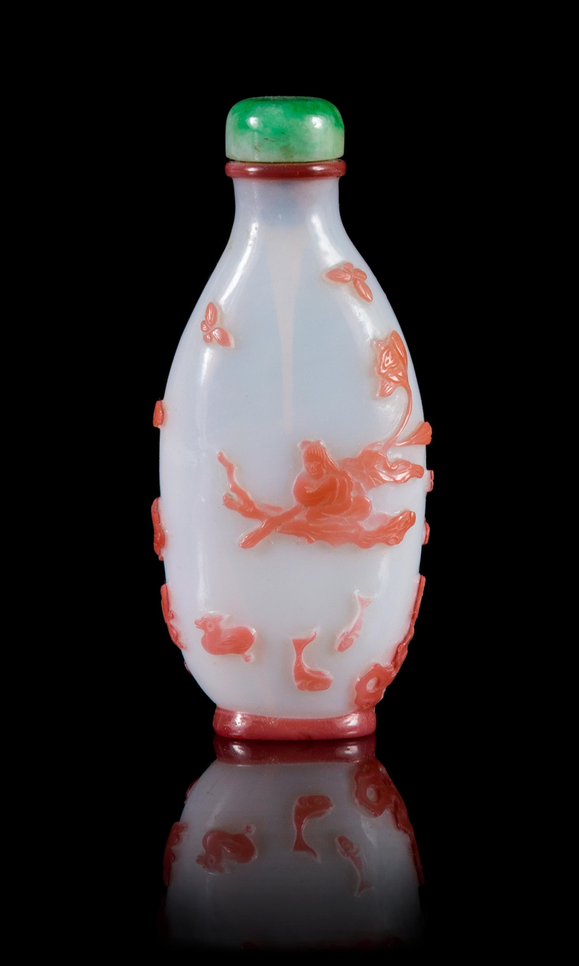 A Red Overlay White Peking Glass Snuff Bottle Height 3 inches.