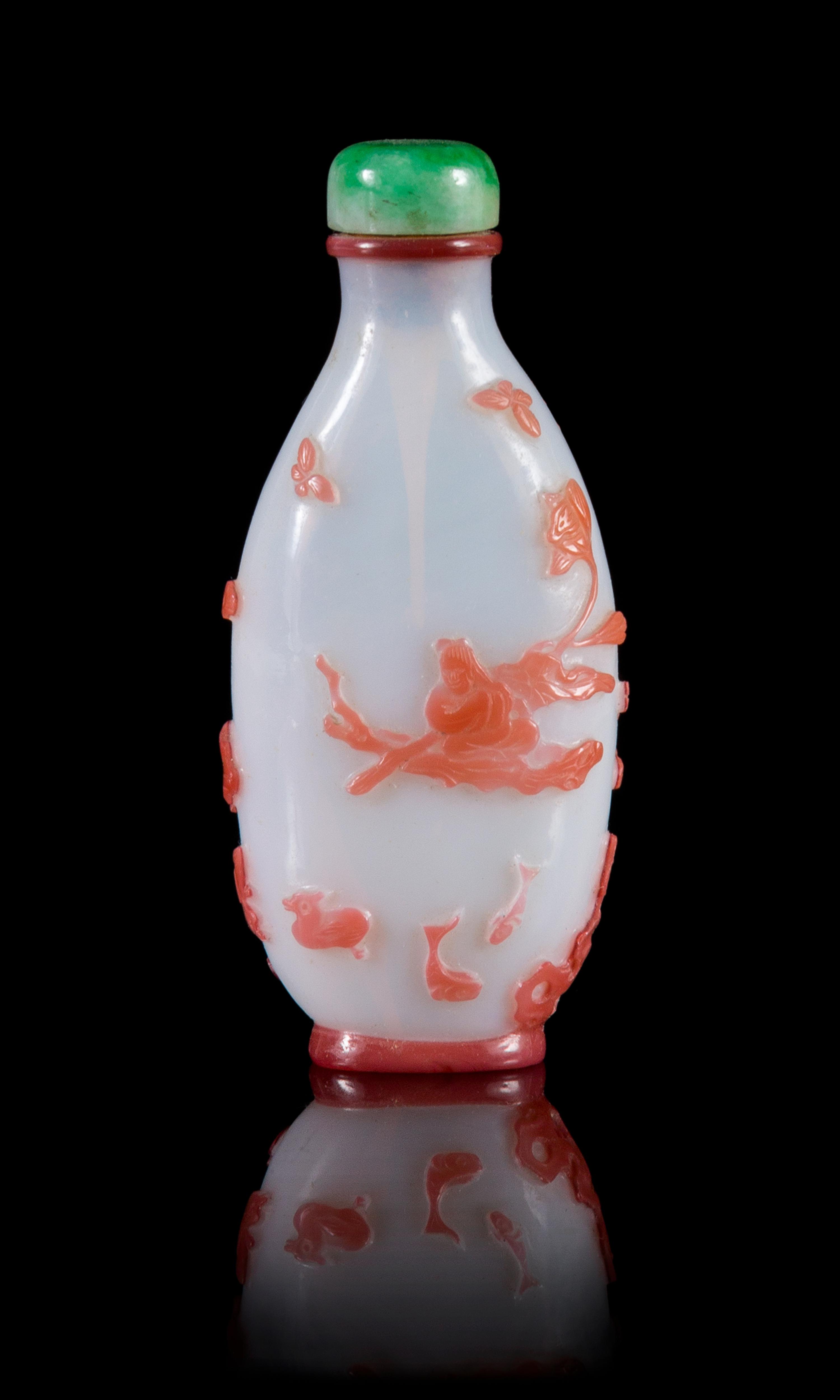 A Red Overlay White Peking Glass Snuff Bottle Height 3 inches.
