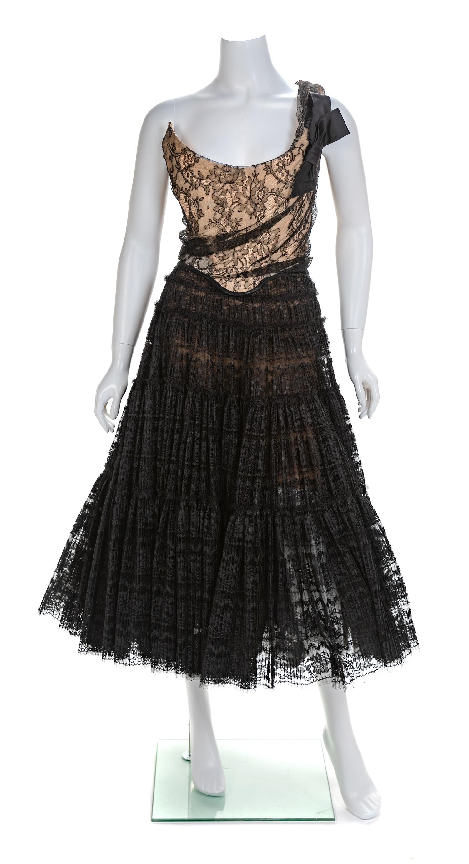 Vivienne Westwood Two Piece Bustier with Sheer Pleated Lace Skirt, 1990-2000s Corset size label: 14; Skirt size label: 10