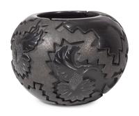 Carved Micaceous Blackware Bowl, with Hummingbirds