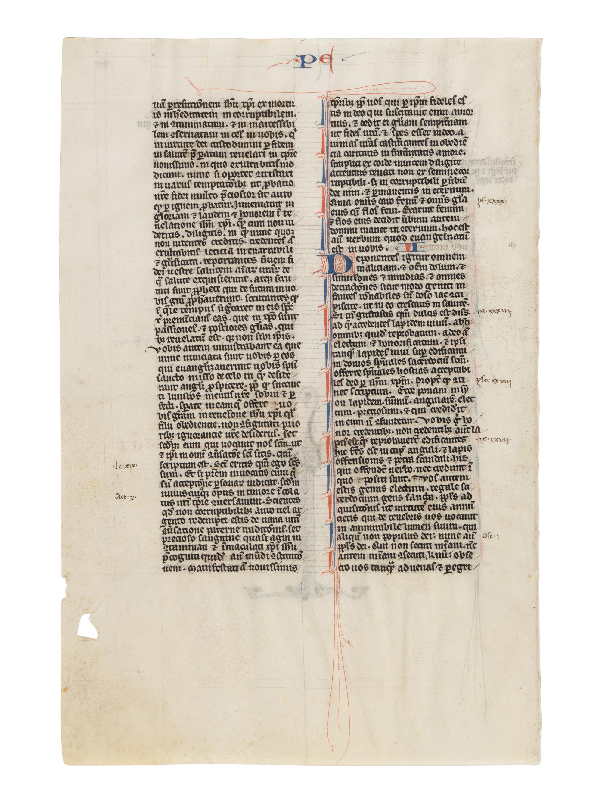 JOHANNES GRUSCH ATELIER (active Paris, c. 1235–1270) A leaf from the “Josephinum” Bible, with a historiated initial ‘P’ of Saint Peter holding a key, in Latin, illuminated manuscript on parchment [France, Paris, c. 1250]