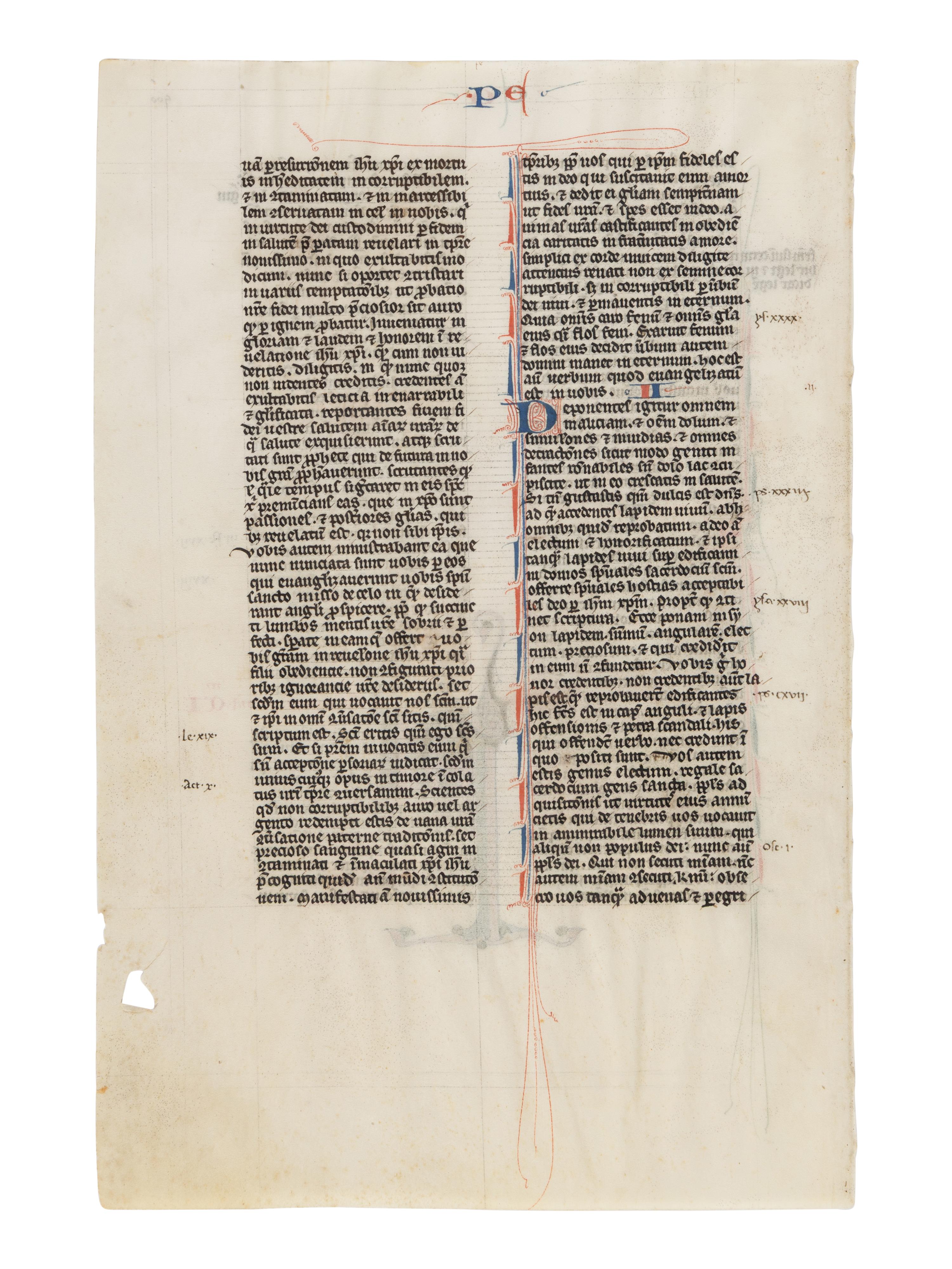 JOHANNES GRUSCH ATELIER (active Paris, c. 1235–1270) A leaf from the “Josephinum” Bible, with a historiated initial ‘P’ of Saint Peter holding a key, in Latin, illuminated manuscript on parchment [France, Paris, c. 1250]