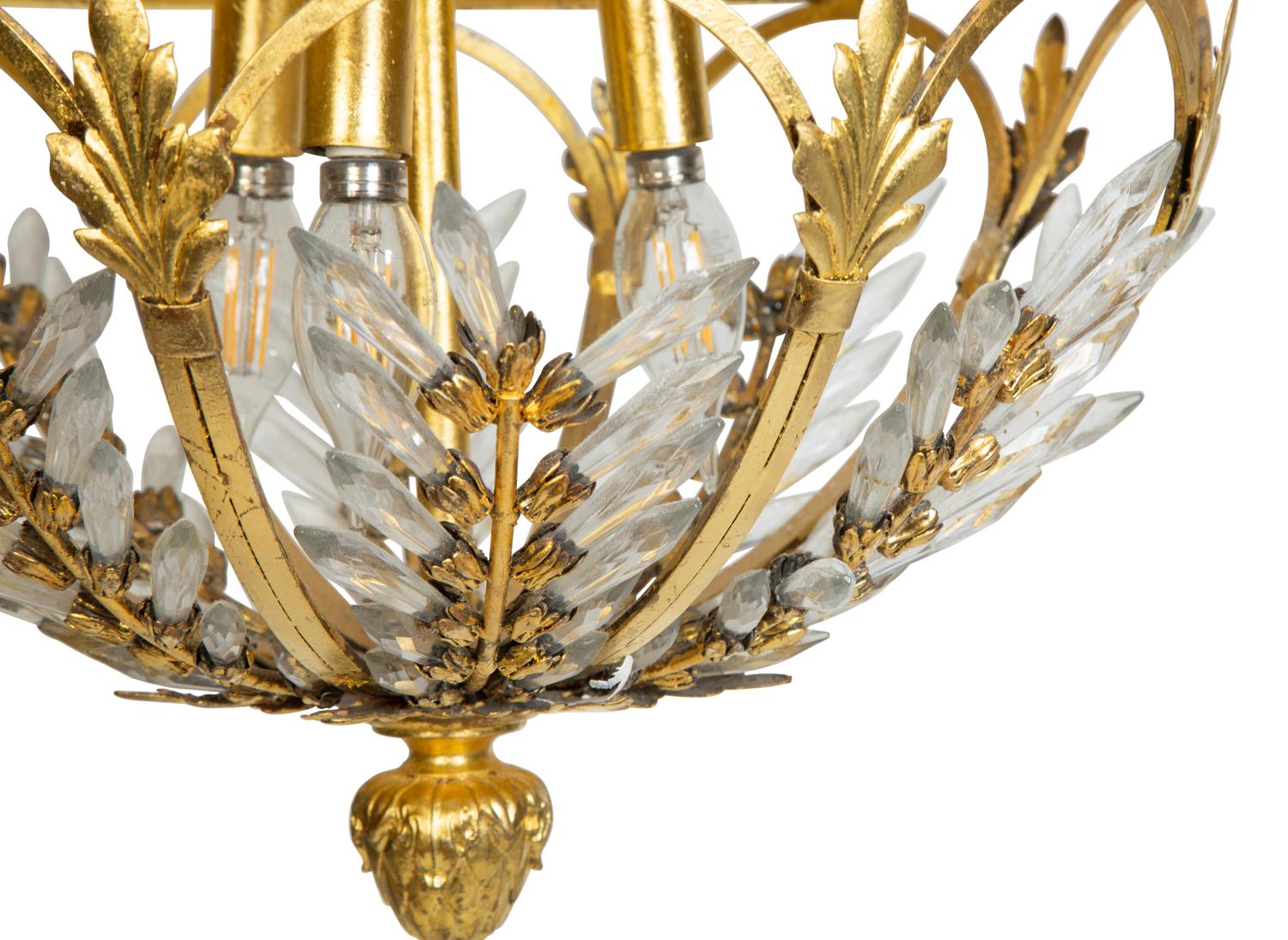A Pair of Gilt Metal and Cut Glass Ceiling Fixtures — 20th Century