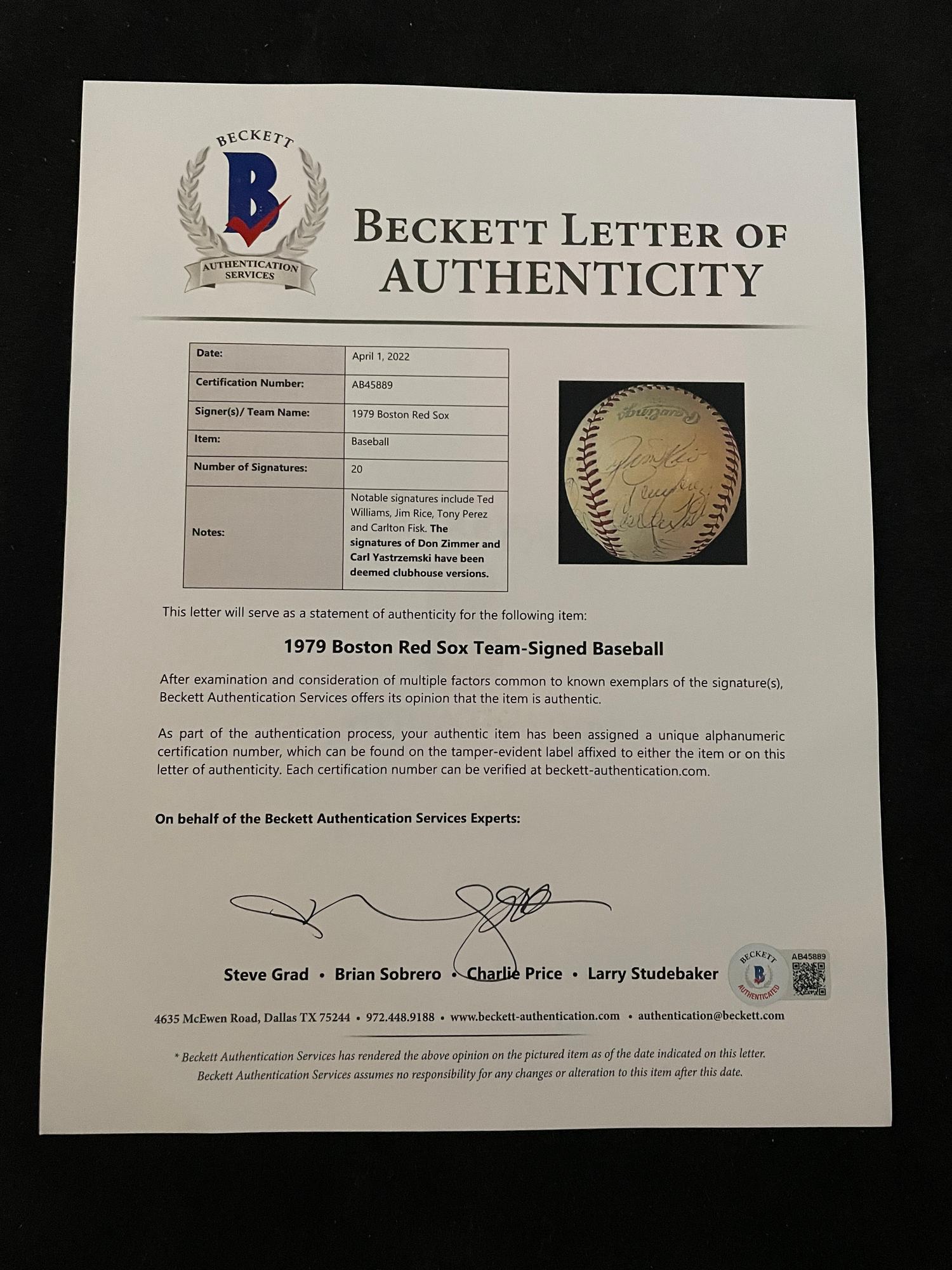 A 1979 Boston Red Sox Team Signed Autograph Baseball with 20 Signatures Including Ted Williams (Beckett Authentication Services BAS Certified),