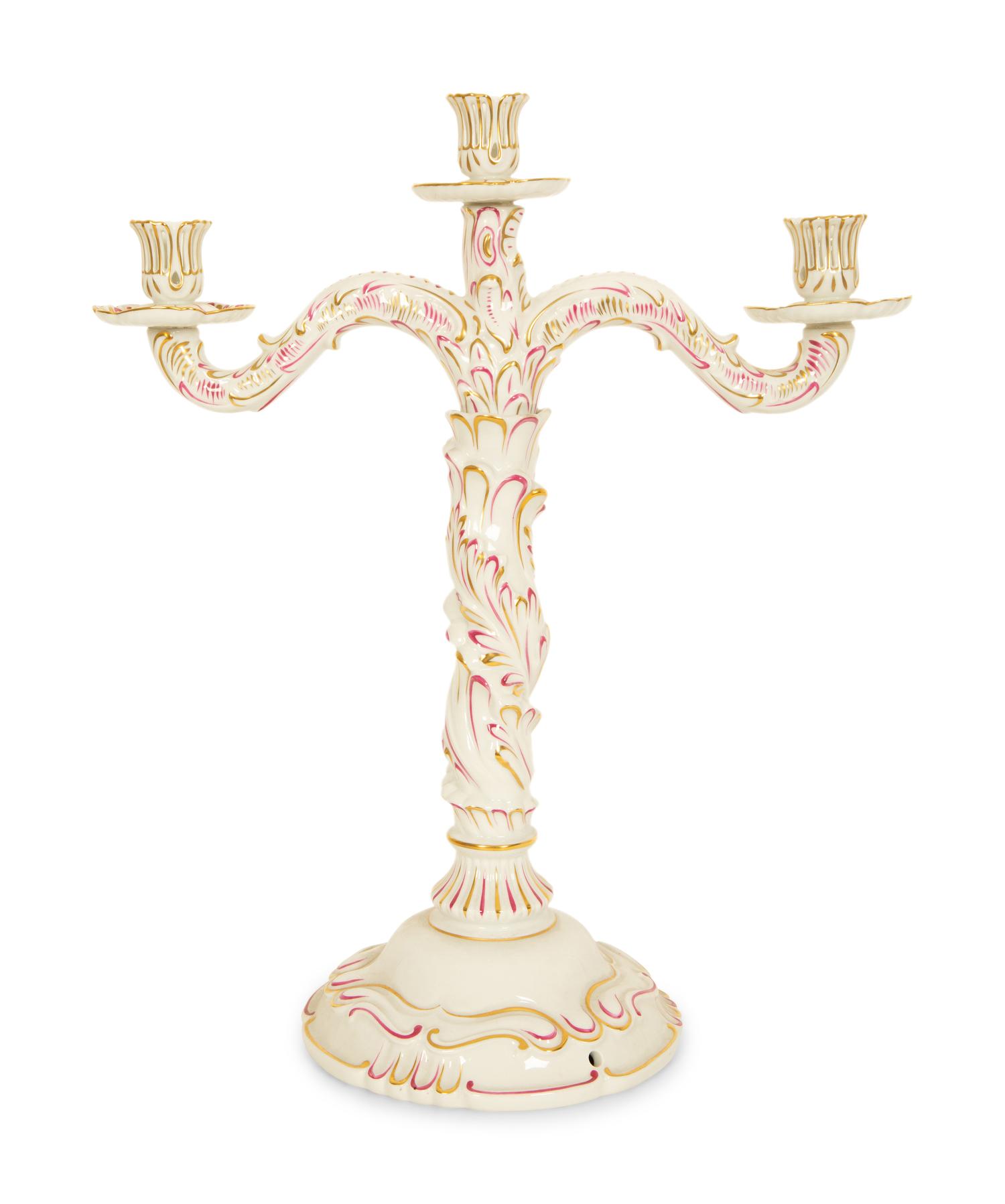 A Pair of Herend Porcelain Three-Light Candelabra and a Pair of Matching Candlesticks