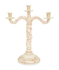 A Pair of Herend Porcelain Three-Light Candelabra and a Pair of Matching Candlesticks