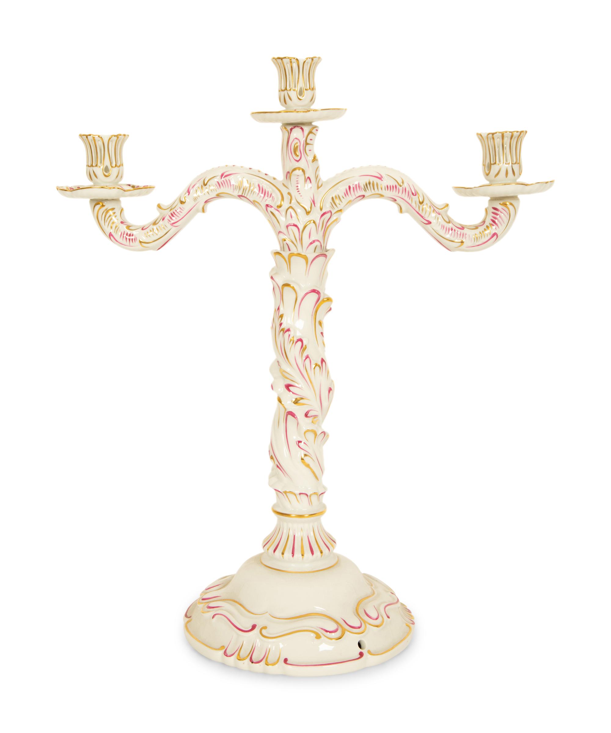 A Pair of Herend Porcelain Three-Light Candelabra and a Pair of Matching Candlesticks