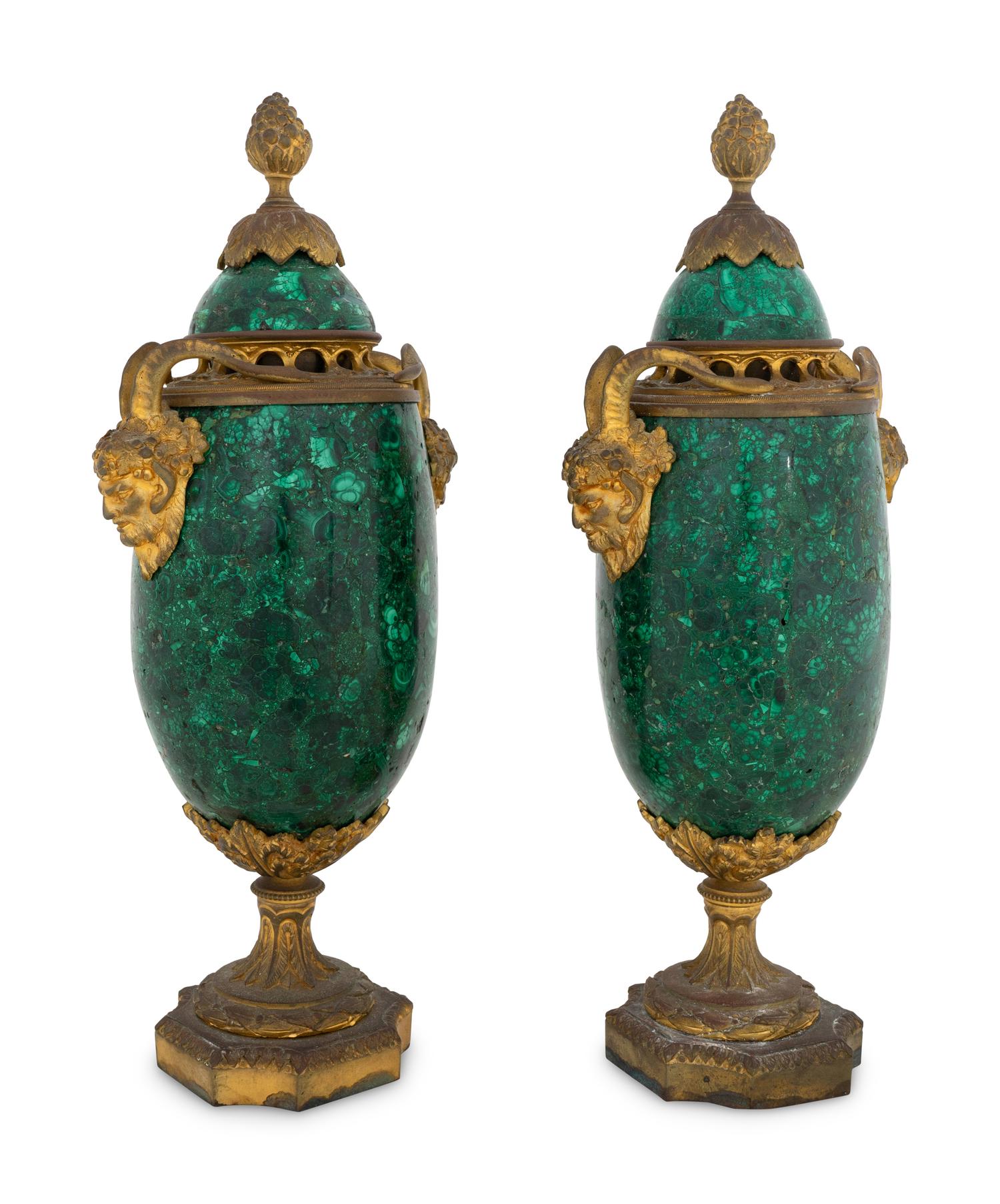 A Pair of French Gilt Bronze Mounted Malachite Cassolettes