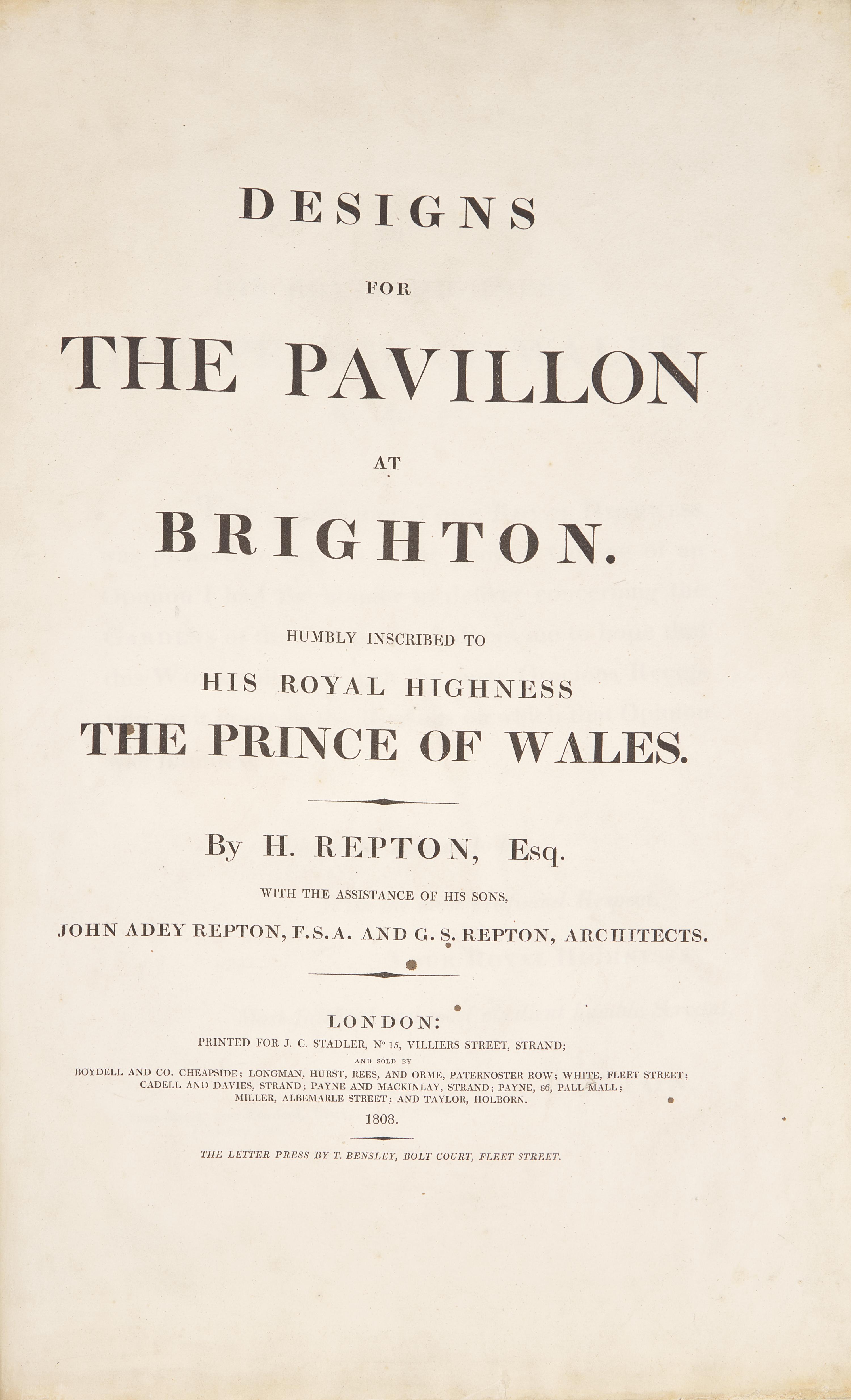[Color-Plate Books] Repton, H(umphry)., and John Adey Repton, and G(eorge). S(tanley). Repton. Designs for the Pavillon at Brighton
